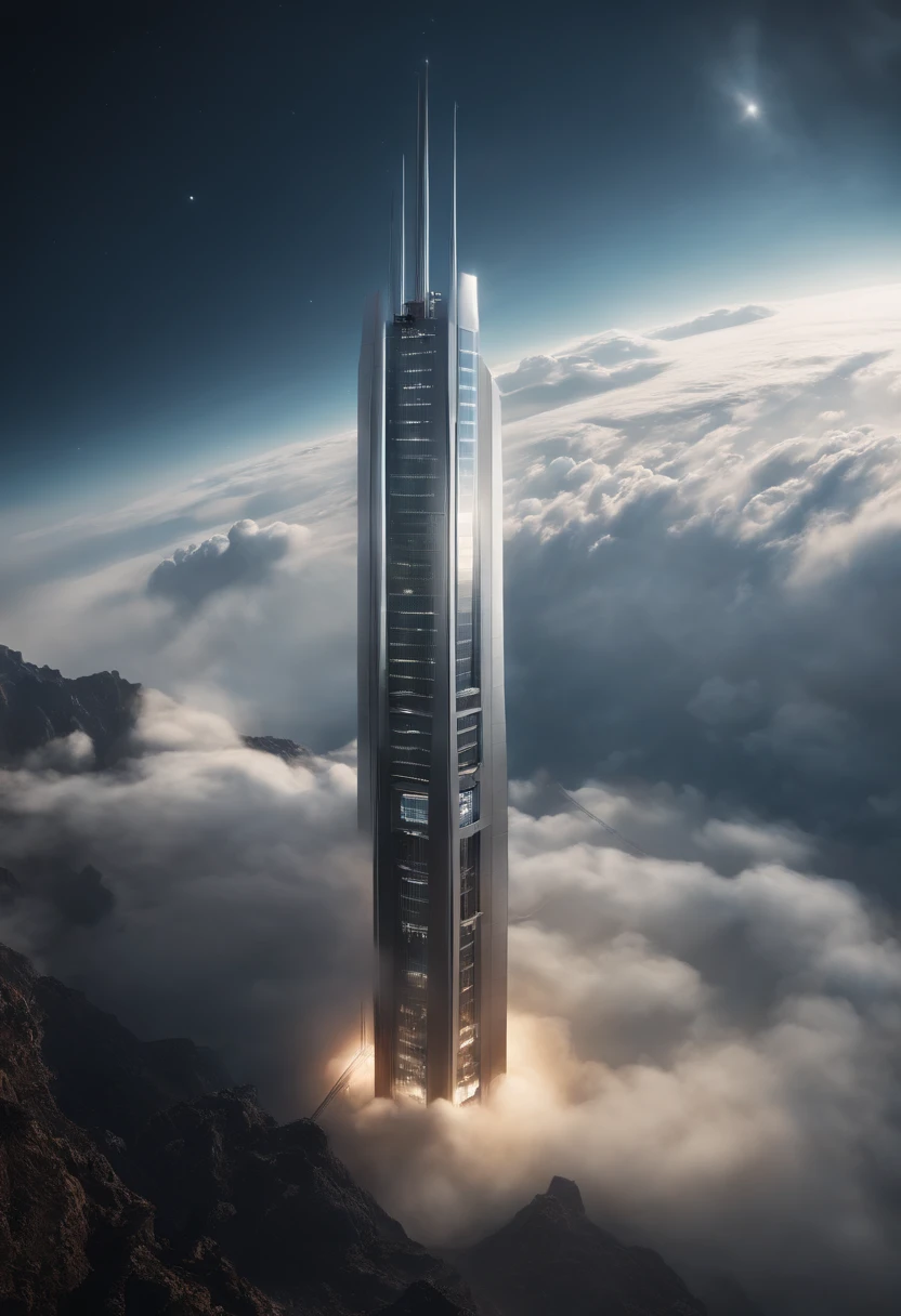 See the tower above the clouds, space elevator, Orbital elevator floating in the air, futuristic tower, sci-fy, The skyscraper of the future, Epic mega buildings, Sci-fi matte painting, Epic science fiction movie stills, in a scifi movie, Epic science fiction movie stills, megastructures