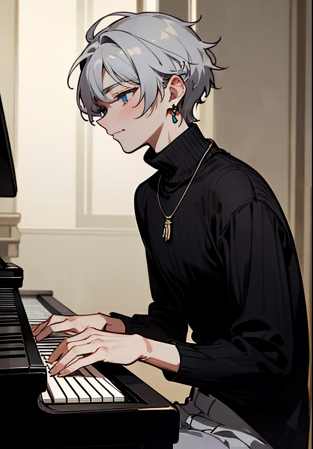 Male character, solo, soft smile, interactive with piano, looking the piano, playing the piano,, kpop style, two block haircut, two side hair, light grey hair, silver hair, short but messy hair, light blue eyes, cyan eyes, man earrings, black turtleneck sweater, men necklace, popular, relaxed, calm, happy, passionate, kpop outfit, soft, cool, ikemen, handsome, aesthetic, anime artstyle, masterpiece, best quality, detailed, 1boy, professional artwork, digital art, sitting in front of the piano, pianist, no blush, irresistible, gorgeous, looking away, pure art, situational scene, scenario, lovely, hall background, 4k, hd, close up