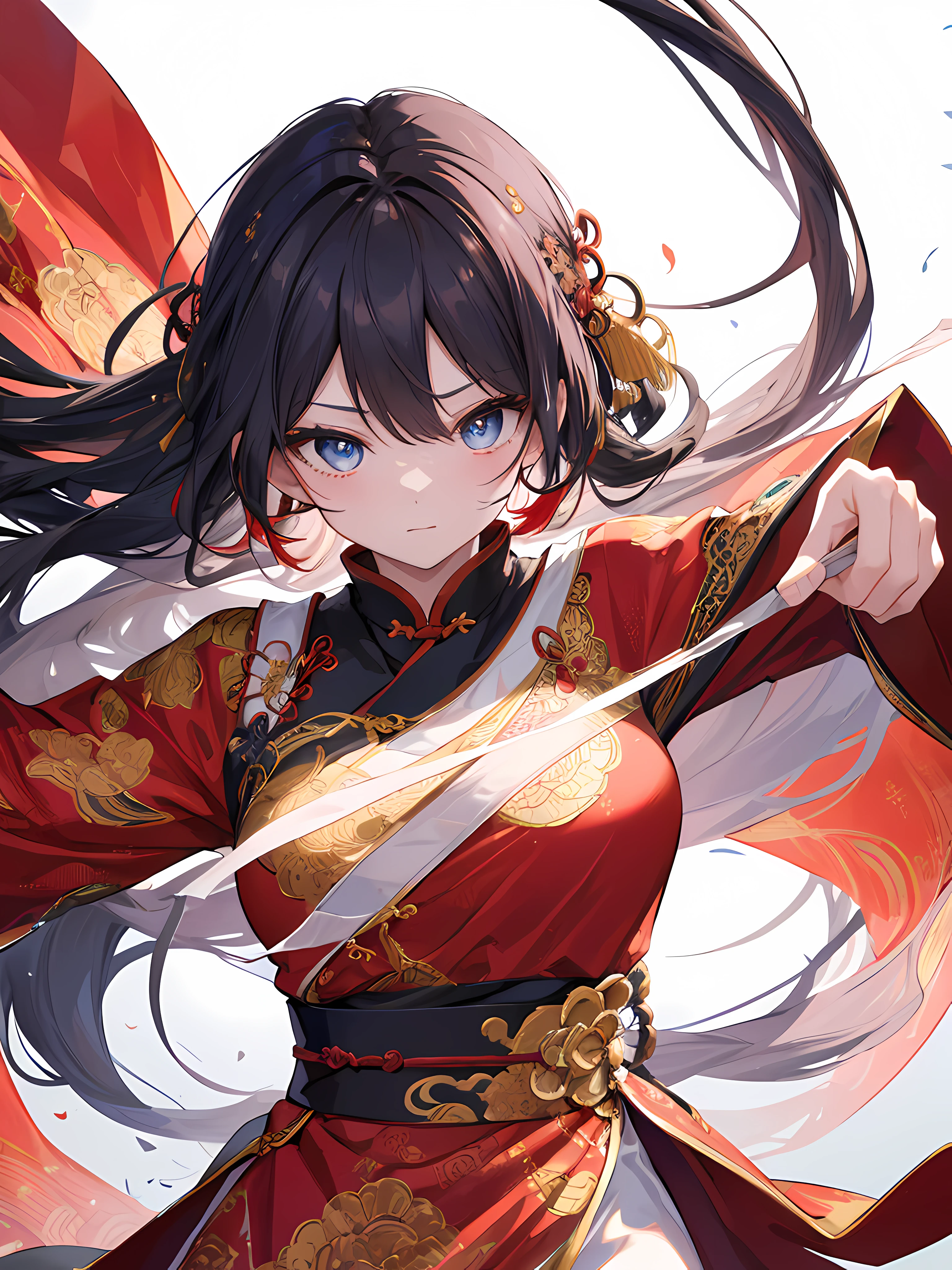 (Masterpiece, best quality, very detailed CG, complex details: 1.2),simple_background,fire,1girl,solo,looking at viewer, chinese clothes,hanfu,long hair,detached_sleeves,wide_sleeves,ponytail,hair ornament, skirt,sword,standing,(from side:1.4), hanfu tang,loong,.