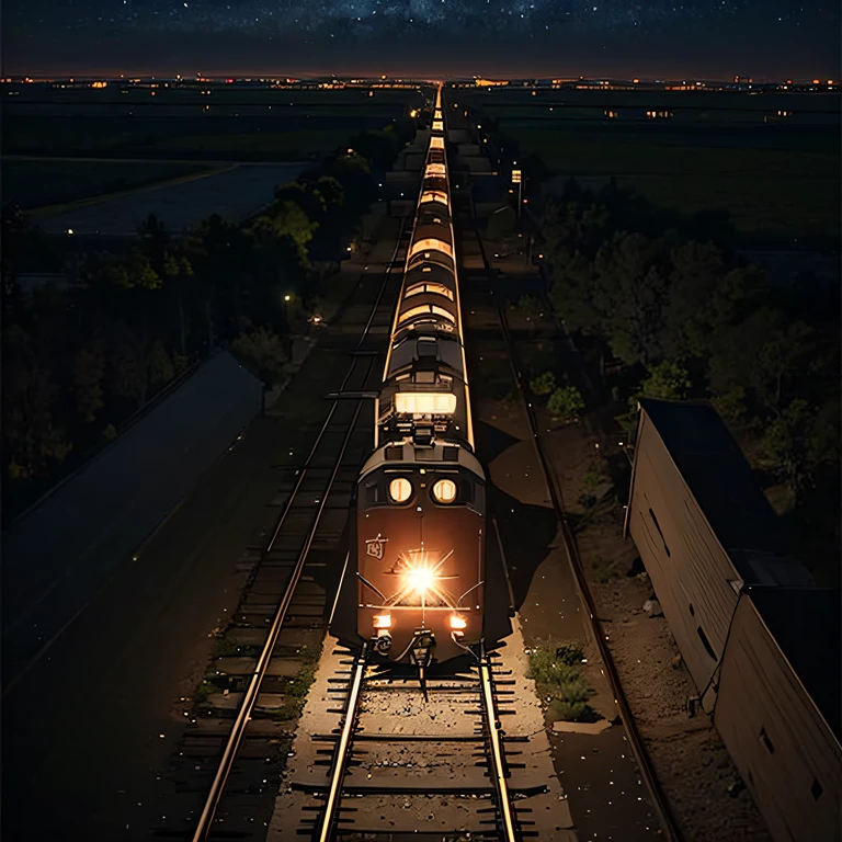 great plains railroad、Plains at night、running locomotive、7-car train、View from a distance、An overhead view from above