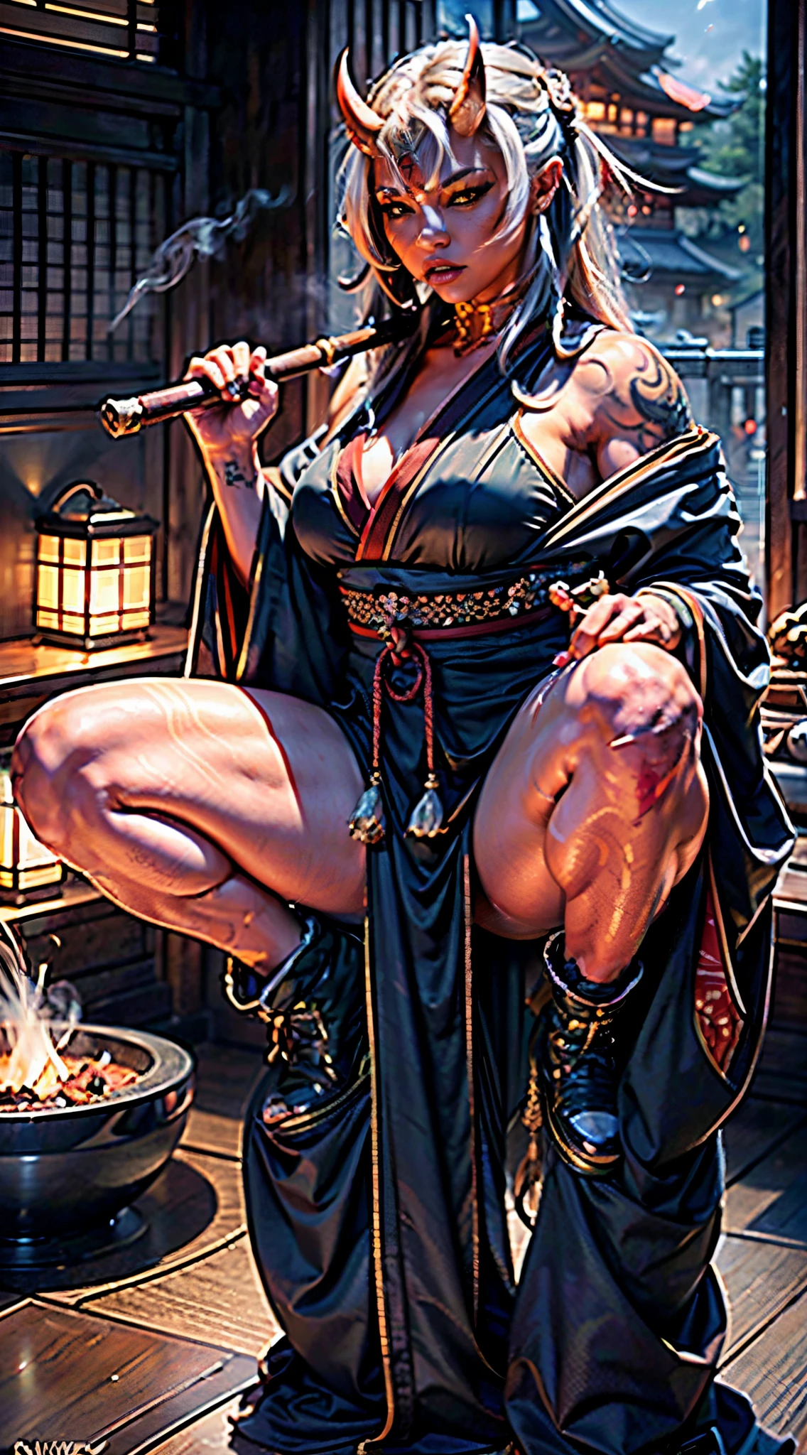 Masterpiece, highlydetailed, Hyperrealistic, HD, (fullbodyshot)of a beautiful red oni woman (squatting down), (muscular curvy and thick:1.3) (female warrior body) with (red skin:1.4), (long messy white hair:1.2), (oni horns),
(wearing offshoulders kimono:1.1) with (black AND orange tiger skin pattern kimono:1.5) and (Japanese hightheels)
Holding over her shoulder a (massive iron spiked rod), and smoking a longue and thin smoking pipe in her lips releasing thick smoke,
perfect face features with seductive look, perfect body shape with body tattoo, expressive glowing eyes.