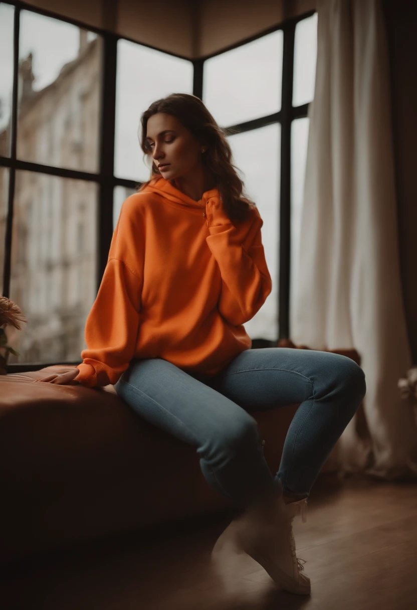 (Masterpiece: 1.3), (8K, Realistic, RAW photo, Best Quality: 1.4), Best Quality, High Resolution, Masterpiece, best detail, 8K, 3d model of orange sweatshirt, made in a soft style, dreamy quality, feminine exuberance, Matte Photo, without inscriptions and logos