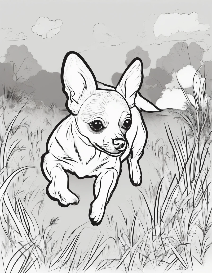 Chihuahua running in a field of grass, line art, for coloring page, high quality, black and white, no shading