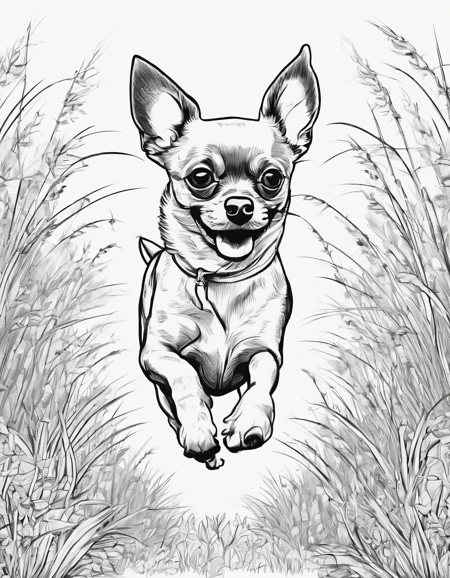 Chihuahua running in a field of grass, line art, for coloring page, high quality, black and white, no shading