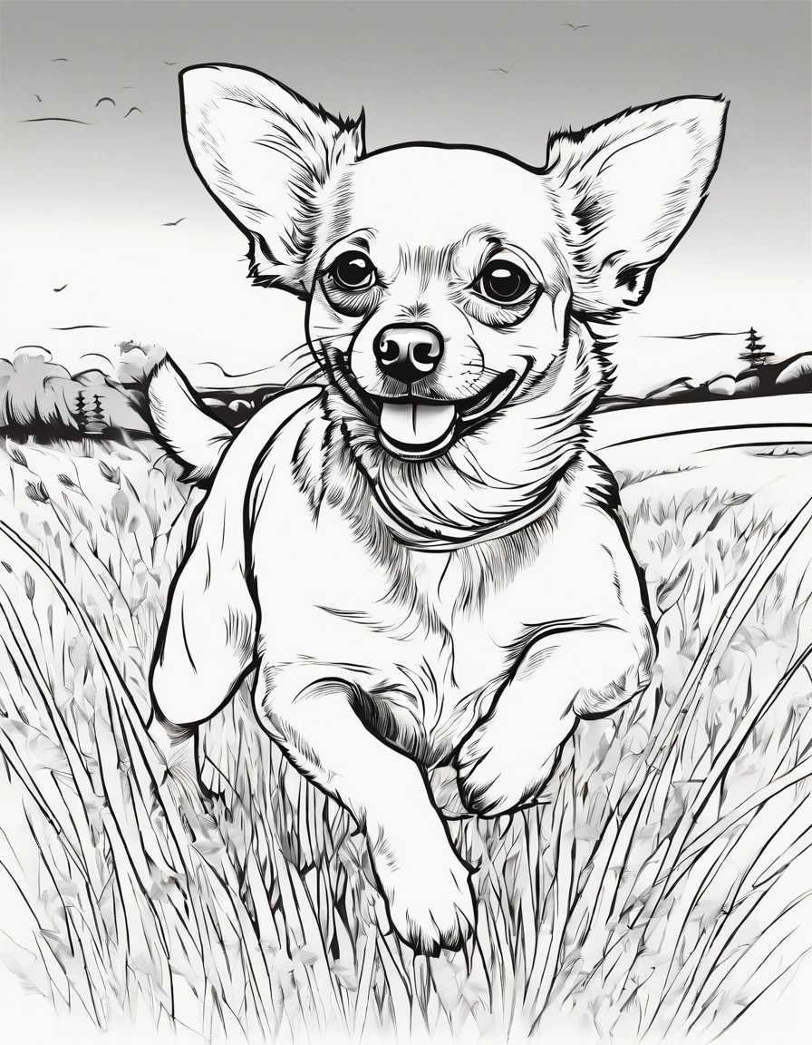 Chihuahua running in a field of grass, line art, for coloring page, high quality, black and white, no shading