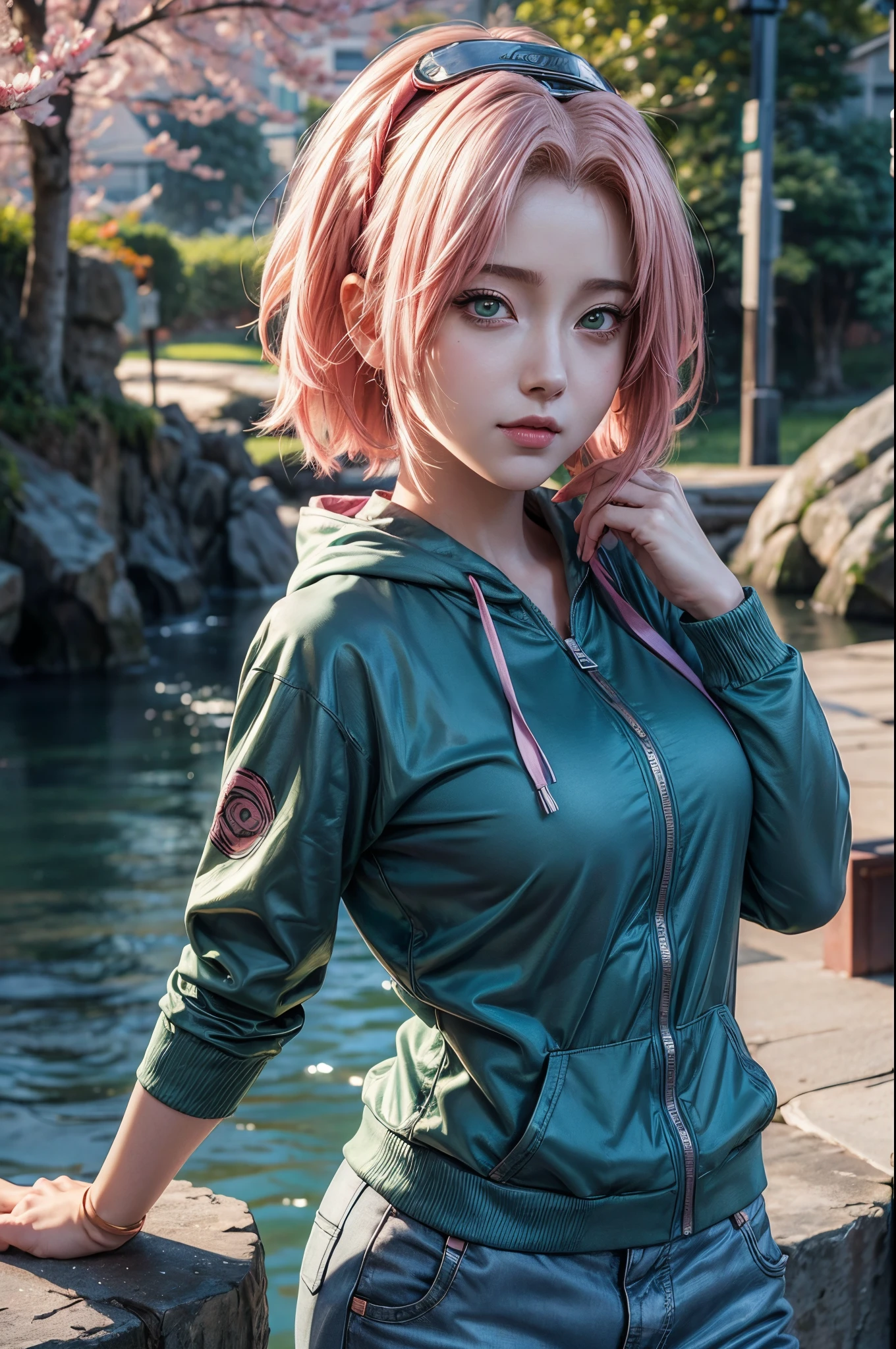 (masterpiece: 1,6), Haruno sakura in ( naruto) , smile , water , green hoody , yallow hair , large breast , shirt , short pants , young , pink lips, anime girl ,long hair ,ultra high , best quality , outfit detail ,face high ,quality pro . 1girl,realistic ,UHD ,HDR , perffect charakter ,anime from realistic ,realisan , face pink eyes