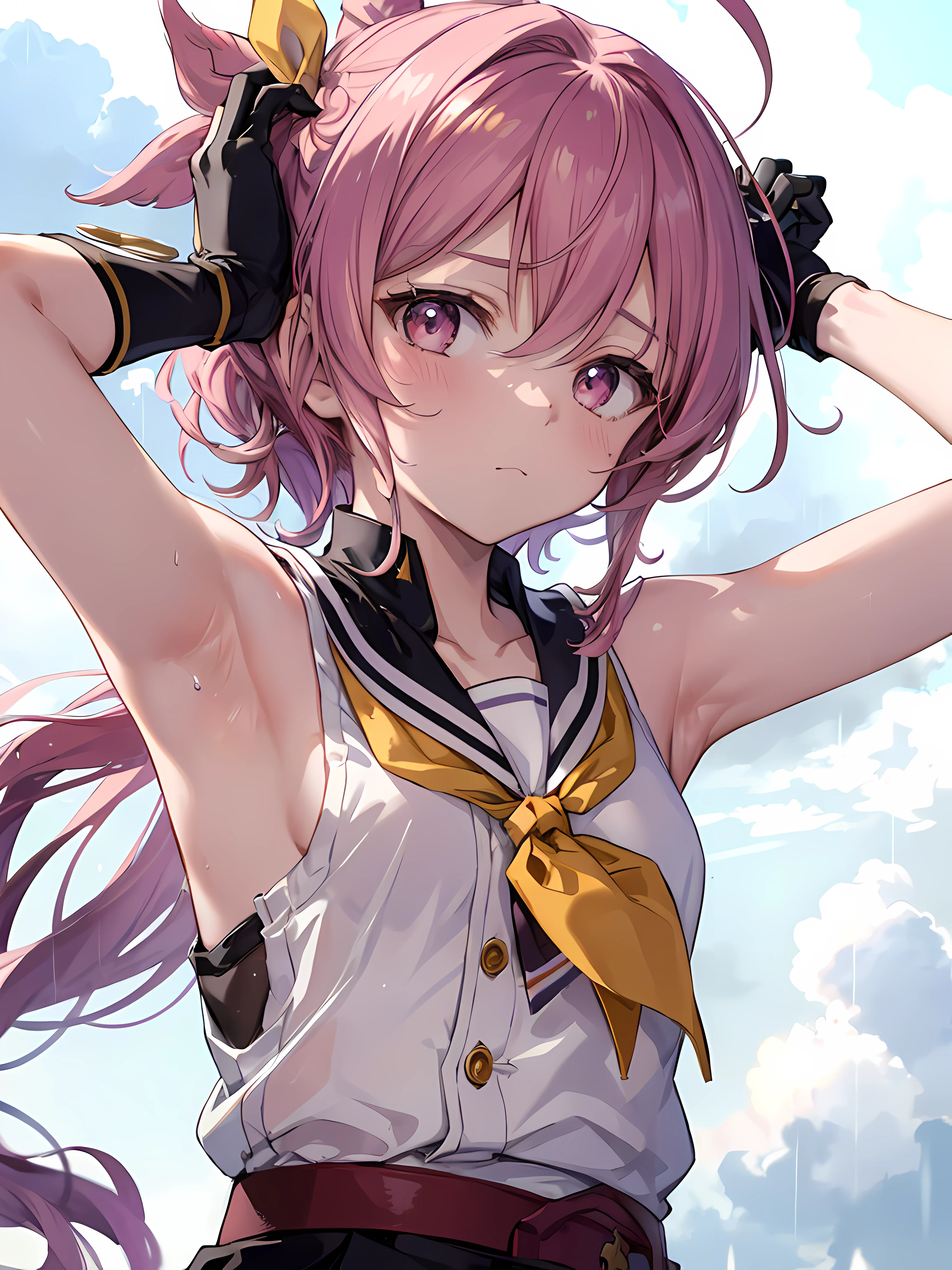 masterpiece, best quality,, sakura bakushin o (umamusume),, (close-up:1.2), rain, cloud, cloudy, shadow,, serious, arms up, armpits, closed mouth, mouth hold,, epaulettes, black gloves, sleeveless, yellow neckerchief, shirt, tying hair,