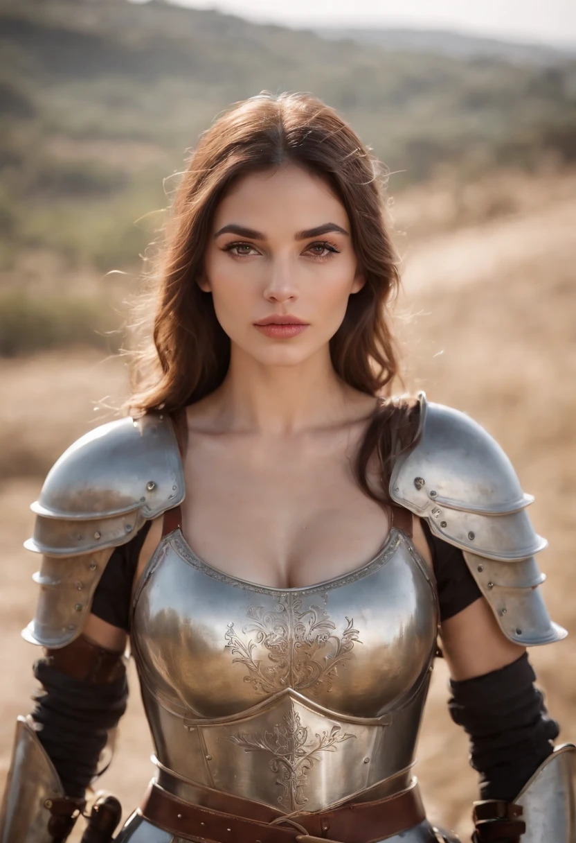 top-quality、Beautiful Italian woman、full body Esbian、Female knight、bikini-armor、Fantasia、holds a sword、Magnificent view、Medium Hair、