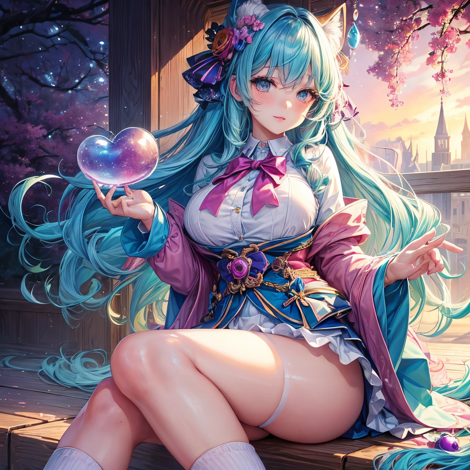 (Beautiful detailed eyes,Beautiful detailed lips,extremely detailed eye and face,longeyelashes,Cute girl in ribbon uniform,Cute uniform,Blazer,laughing loud,attractive girl,Best Quality,busty,masutepiece:1.2,stunning figure,Erotically cute,Ultra-high resolution,Gorgeous girl,Lovely girl,Multi-colored hair,Relaxation Socks,High resolution,gorgeous eyes,Perfect beauty) (masterpiece、top-quality、top-quality、watercolor paiting(Curly)、Official art、Beautifully Aesthetic:1.2)、(2girl with:1.3)、(Fractal Art:1.3)、The upper part of the body、From Side、looking at the viewers、patterns、(rainbow-colored hair、colourful hair、Half blue and half pink hair:1.2)、((4This refers to、Thumb joint))、Eau、gases、云、colourfull、Soap bubbles、Deep kissing、I'm、violate、