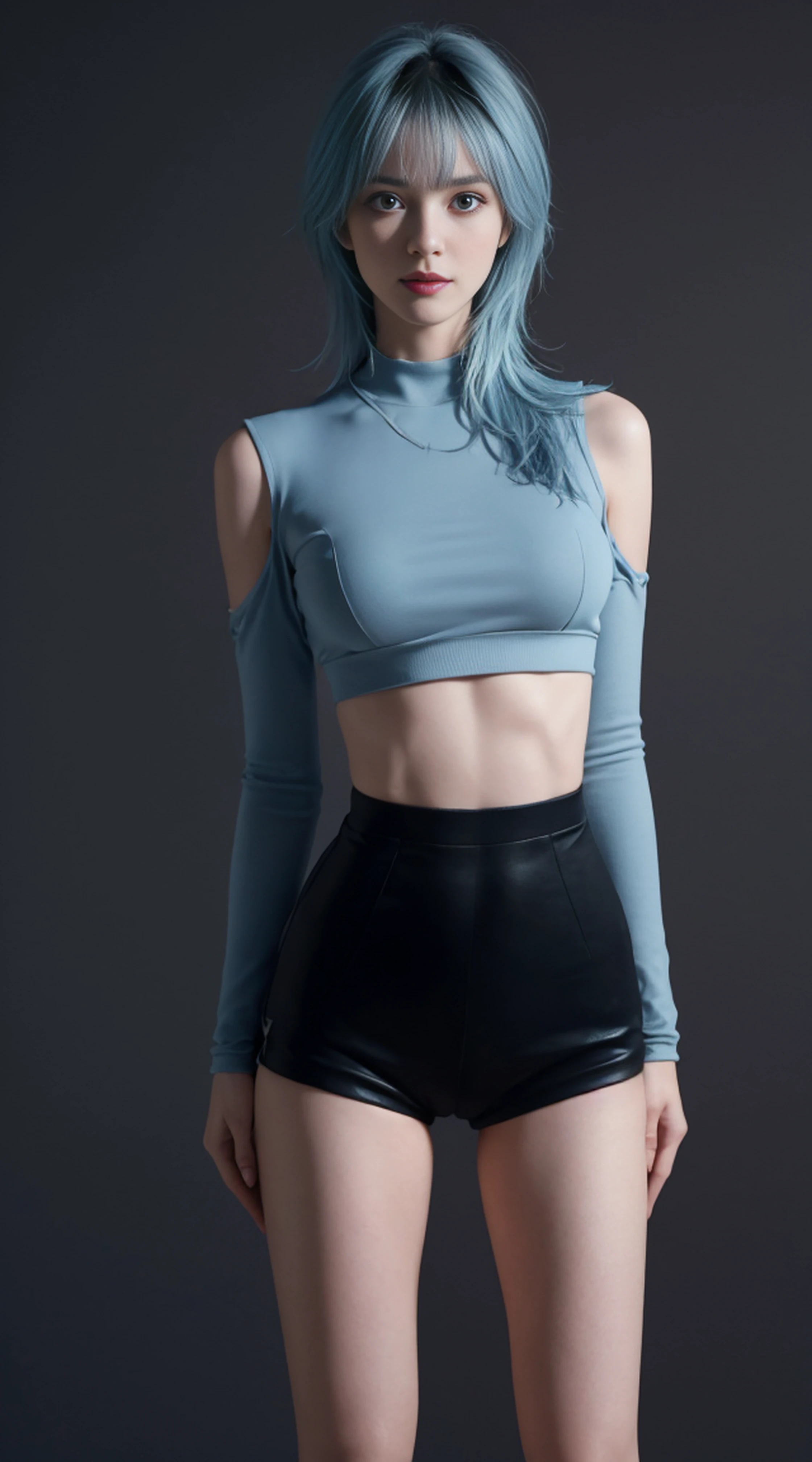 8K, Top Quality, Intricate Details, Ultra Detail, Ultra High Resolution, Masterpiece, close up shot, (full body: 1.1), Slender, Smile, (Makeup: 0.4), (Fluffy Blue Eyes: 1.21), (()), 1girl, solo, 1 girl, ((blue hair, bangs)), close up shot, , ((tall)), (((fit body))), (((slim face))), sharp face, (()) ,(detailed face), sharp face, small lips, , , ,
((, crop top, mini short )), , ((,casual outfits)), detailed face, , Narrow Waist, Skinny, tall , 175 cm tall, Muscular, Navel, Exposed Abdomen, Pointed Chest,, Beautiful girl with accentuated slender abs: 1.4, Six Pack Abs: 1.4, Bust Botox, Big, Perfect Body, detail leg, (( dark background)), black background,