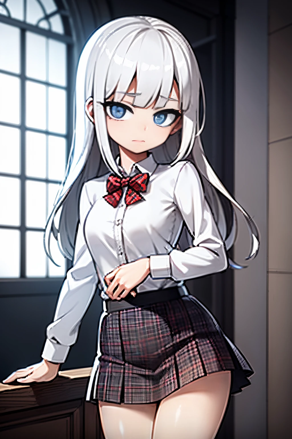 Young girl, white hair, blue eyes, shy face, white japanese student outifts, red plaid skirt, looking at viewer, in a cathedral, dark stmosphere, grey filter, blue vitral in background, white cathedral, 4k, masterpiece, HD
