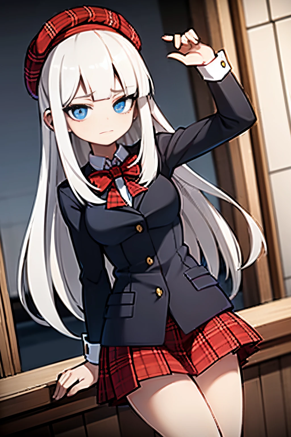 Young girl, white hair, blue eyes, shy face, wearing black beret, white japanese student outifts, red plaid skirt, looking at viewer, in a cathedral, dark stmosphere, grey filter, blue vitral in background, white cathedral, 4k, masterpiece, HD