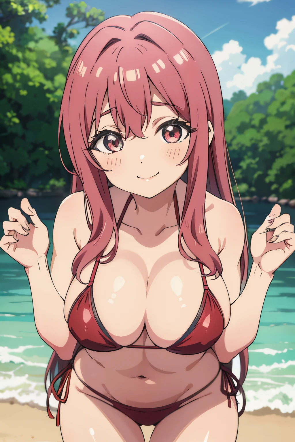 hanazono hakari, bikini rosa, posando sexy, sonriendo, manos perfectas
