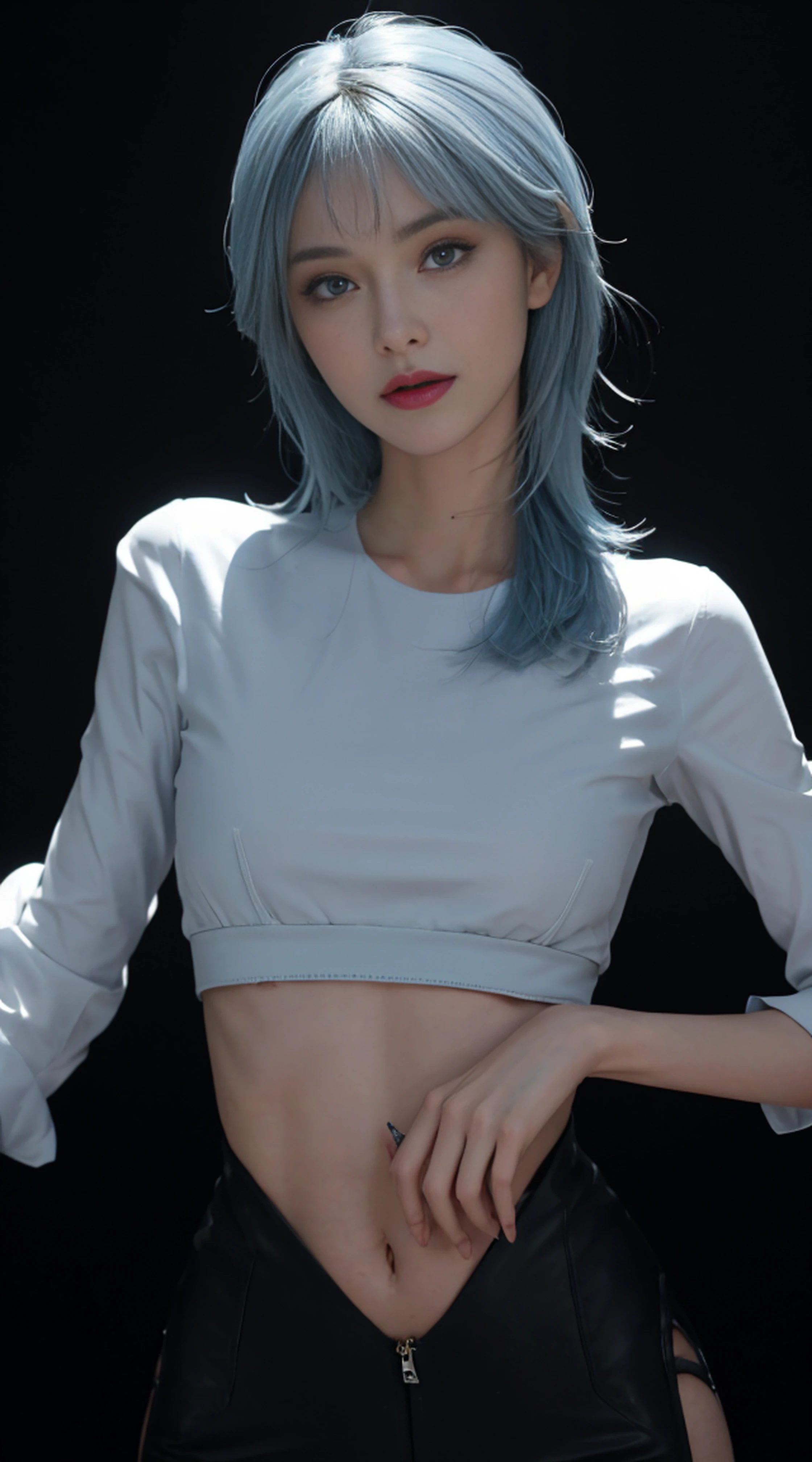 8K, Top Quality, Intricate Details, Ultra Detail, Ultra High Resolution, Masterpiece, close up shot, face shot, close up shot, portrait, face shot, passport shot, (full body: 1.1), Slender, Smile, ((smirk)) (Makeup: 0.4), ((,)), (Fluffy blue Eyes: 1.21), (()), 1girl, solo, 1 girl, ((, ,bangs, blue hair, bangs, long hair, bangs, messy hair )), close up shot, , ((tall)), (((fit body))), (((slim face))), sharp face, ((, wind blow hair, )) , (detailed face), sharp face, small lips, ((sleaveless, strapless , skin tight crop top, micro short, torn crop top, ripped crop top, open crop top, torn micro short, ripped micro short)), , ((pussy spread )), detailed face, detailed breast, , ((detailed nipples)), detail ass, Narrow Waist, Skinny, tall , 175 cm tall, Muscular, Navel, Exposed Abdomen, Pointed Chest,, Beautiful girl with accentuated slender abs: 1.4, Six Pack Abs: 1.4, Bust Botox, Big, Perfect Body, detail leg, (( dark background)), black background,