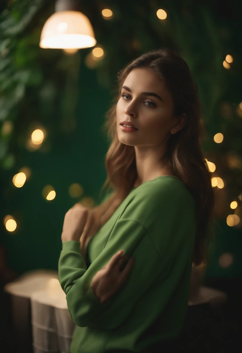(Masterpiece: 1.3), (8K, Realistic, RAW photo, Best Quality: 1.4), Best Quality, High Resolution, Masterpiece, best detail, 8K, 3d model of green sweatshirt, made in a soft style, dreamy quality, feminine exuberance, Matte Photo, without inscriptions and logos