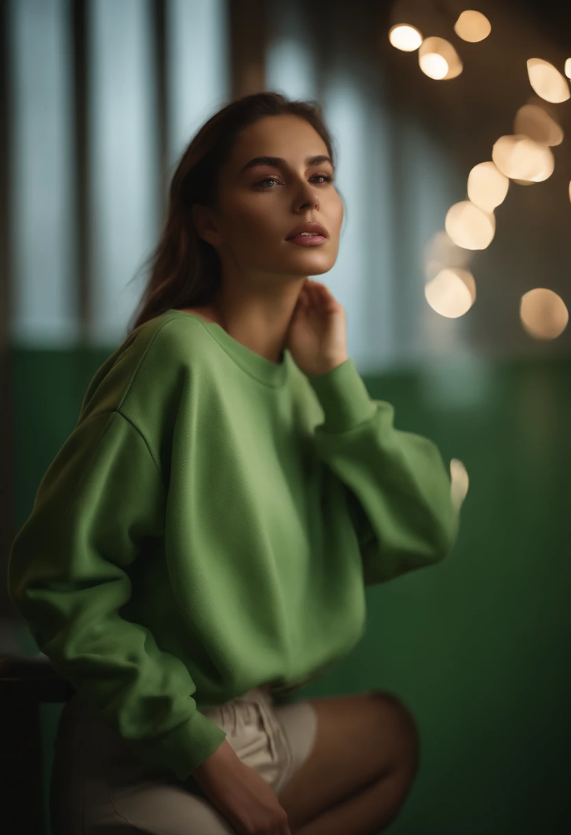 (Masterpiece: 1.3), (8K, Realistic, RAW photo, Best Quality: 1.4), Best Quality, High Resolution, Masterpiece, best detail, 8K, 3d model of green sweatshirt, made in a soft style, dreamy quality, feminine exuberance, Matte Photo, without inscriptions and logos
