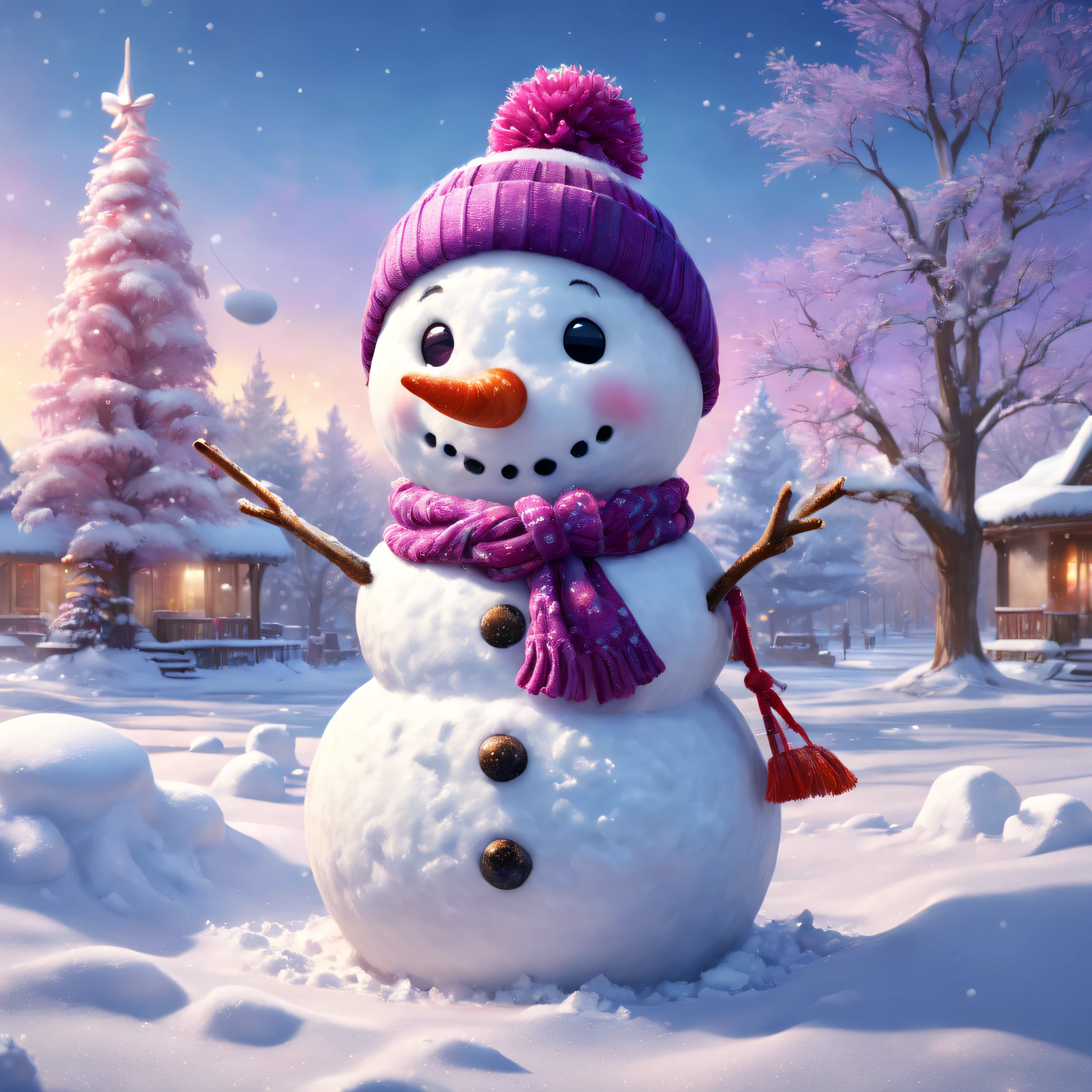 （best qualtiy，4k，8k，Tall structures，tmasterpiece：1.2），hyper-detailing，（realisticlying，photograph realistic，photoreali：1.37），snowman building，Happy children in winter clothes making snowman in the snow，Colorful winter scenes，Beautifully textured snow，Sparkling snowflakes，frosty morning atmosphere，Realistic ice and snow details，Soft natural light，Subtle shadows and highlights，fluffy snow covered tree，Imaginative snowman creations，Peaceful and peaceful snow scene，Faint laughter and the crunch of snow underfoot，dazzling blue sky，Winter sunset in pink and purple colors，pixelart style，Expressive and exaggerated features，naughty pose，Fantastic and whimsical accessories for your snowman，Creative details and textures on the snowman&#39;s face and clothes，Vibrant and vibrant colors，perfect compositions，feeling of warmth and happiness，Traces of snowballs remaining on the ground，A smile that melts the cold winter。