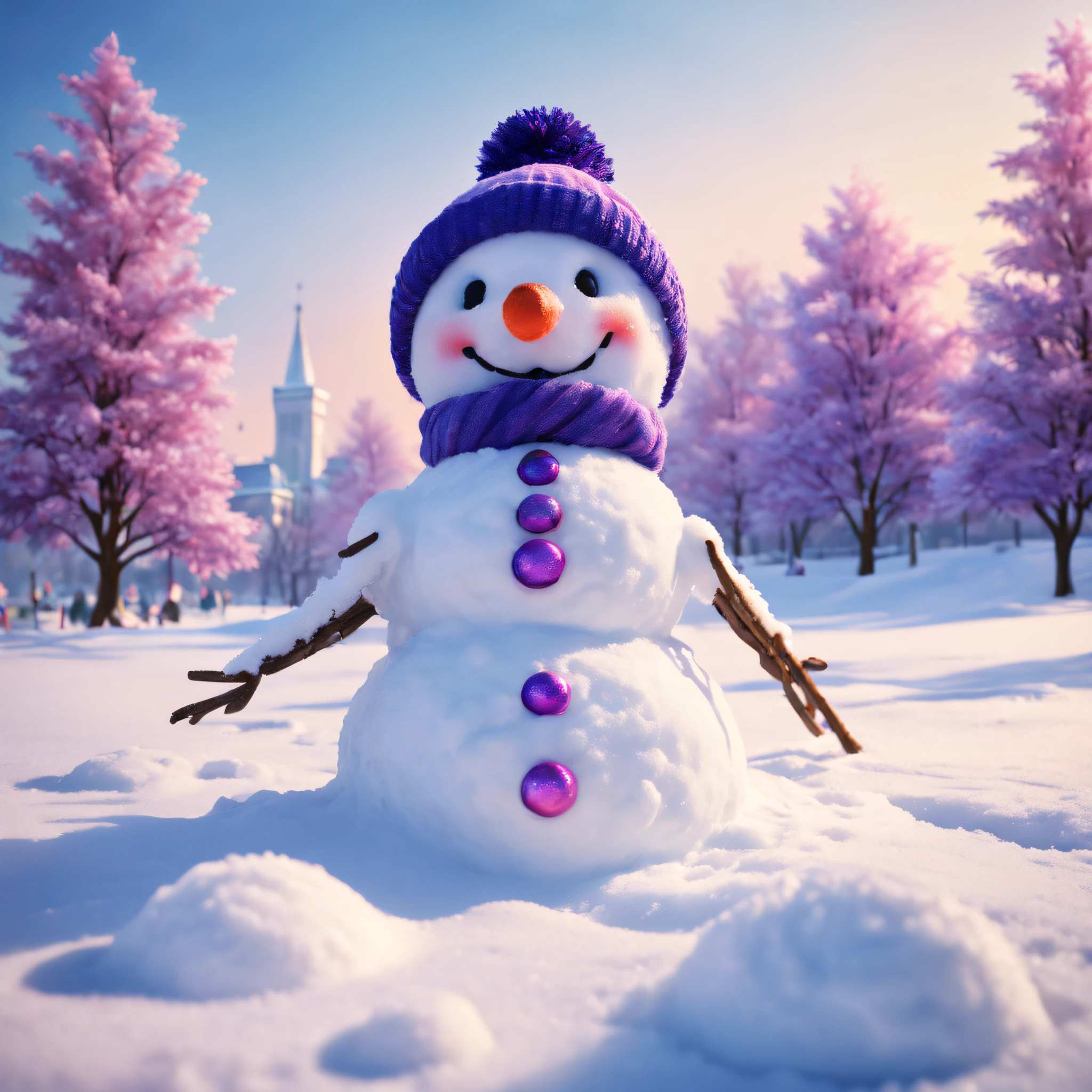 （best qualtiy，4k，8k，Tall structures，tmasterpiece：1.2），hyper-detailing，（realisticlying，photograph realistic，photoreali：1.37），snowman building，Happy children in winter clothes making snowman in the snow，Colorful winter scenes，Beautifully textured snow，Sparkling snowflakes，frosty morning atmosphere，Realistic ice and snow details，Soft natural light，Subtle shadows and highlights，fluffy snow covered tree，Imaginative snowman creations，Peaceful and peaceful snow scene，Faint laughter and the crunch of snow underfoot，dazzling blue sky，Winter sunset in pink and purple colors，pixelart style，Expressive and exaggerated features，naughty pose，Fantastic and whimsical accessories for your snowman，Creative details and textures on the snowman&#39;s face and clothes，Vibrant and vibrant colors，perfect compositions，feeling of warmth and happiness，Traces of snowballs remaining on the ground，A smile that melts the cold winter。