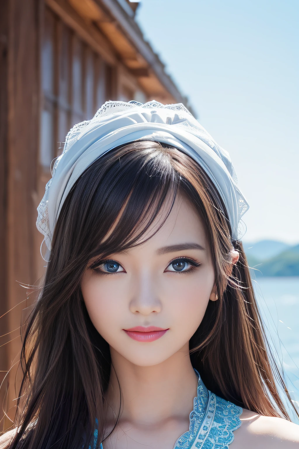 (8K、Raw photography、top-quality、masterpiece:1.2)、(realisitic、Photorealsitic:1.37)、ultra-detailliert、超A high resolution、1人、(beautifull detailed face、Golden Ratio Face、Balanced eyes、二重まぶた、lipgloss)、Beautiful detailed skin、Skin Texture、Professional Lighting、(Very beautiful girl)、Happy smile、View photographer、Glowing white shiny skin、(Attractive Bright Natural Platinum Brown Silky Hair 1.5)、eye liner、(((Blue Eye)))