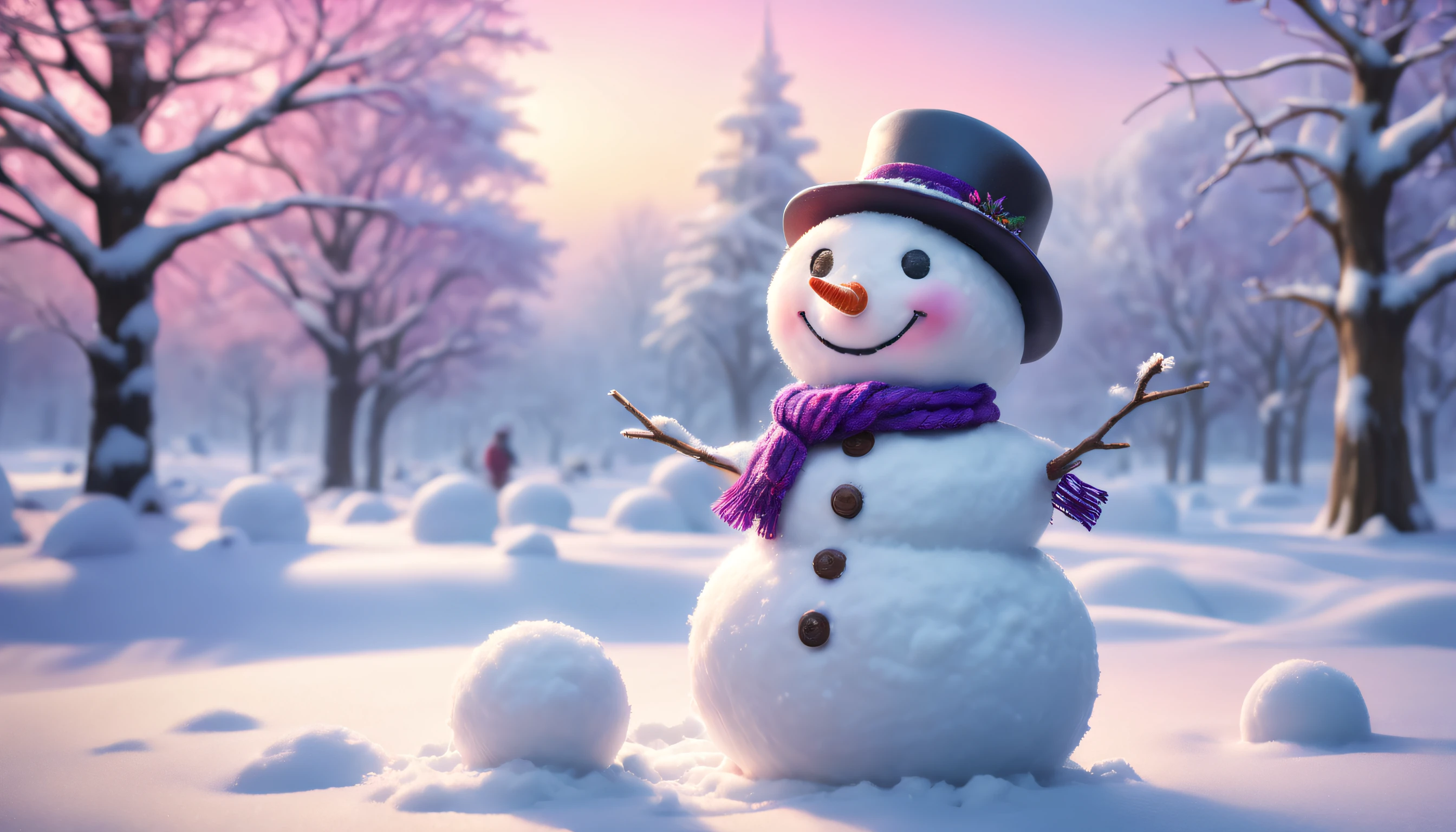 （best qualtiy，4k，8k，Tall structures，tmasterpiece：1.2），hyper-detailing，（realisticlying，photograph realistic，photoreali：1.37），snowman building，Happy children in winter clothes making snowman in the snow，Colorful winter scenes，Beautifully textured snow，Sparkling snowflakes，frosty morning atmosphere，Realistic ice and snow details，Soft natural light，Subtle shadows and highlights，fluffy snow covered tree，Imaginative snowman creations，Peaceful and peaceful snow scene，Faint laughter and the crunch of snow underfoot，dazzling blue sky，Winter sunset in pink and purple colors，pixelart style，Expressive and exaggerated features，naughty pose，Fantastic and whimsical accessories for your snowman，Creative details and textures on the snowman&#39;s face and clothes，Vibrant and vibrant colors，perfect compositions，feeling of warmth and happiness，Traces of snowballs remaining on the ground，A smile that melts the cold winter。