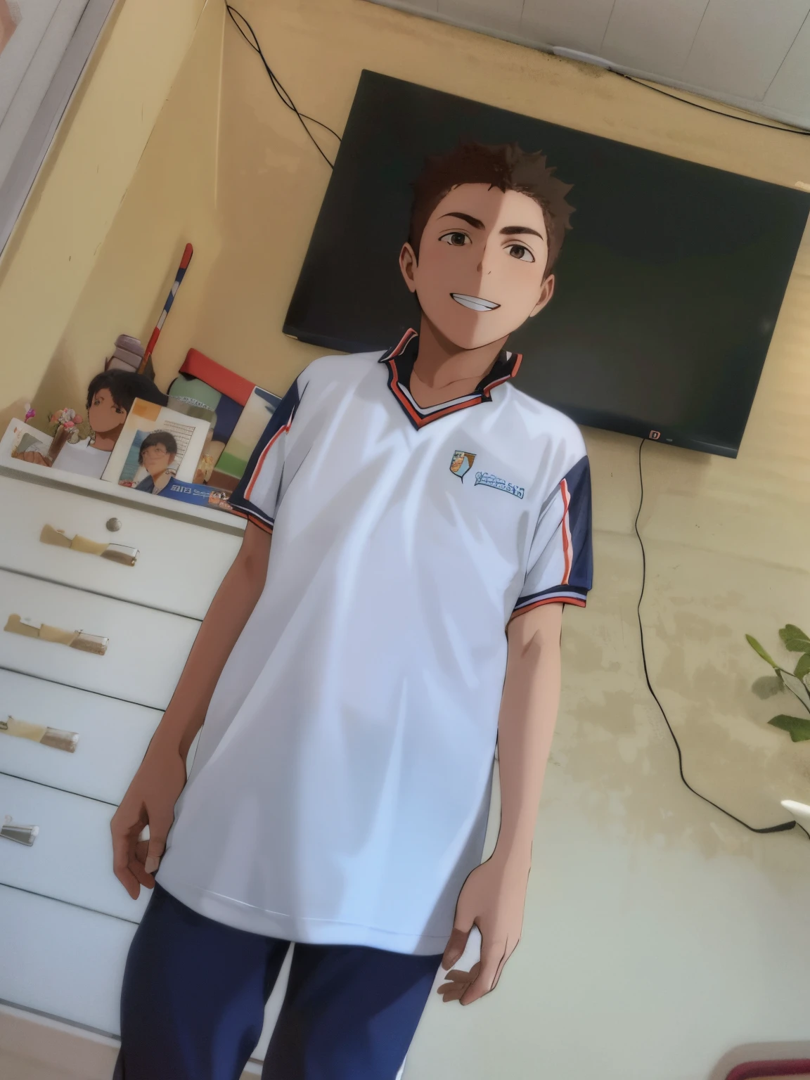 There's a boy in front of a TV, Riyahd Cassiem, vestindo uniforme de futebol escolar, Mohamed Chahin, Alex, Mohamed Reda, Reyyan, Emad Mostaque, imagem de qualidade muito baixa, wearing a volleyball jersey, usando uniforme escolar, usando uniforme escolar, vestindo camisa polo, vestindo terno de atletismo