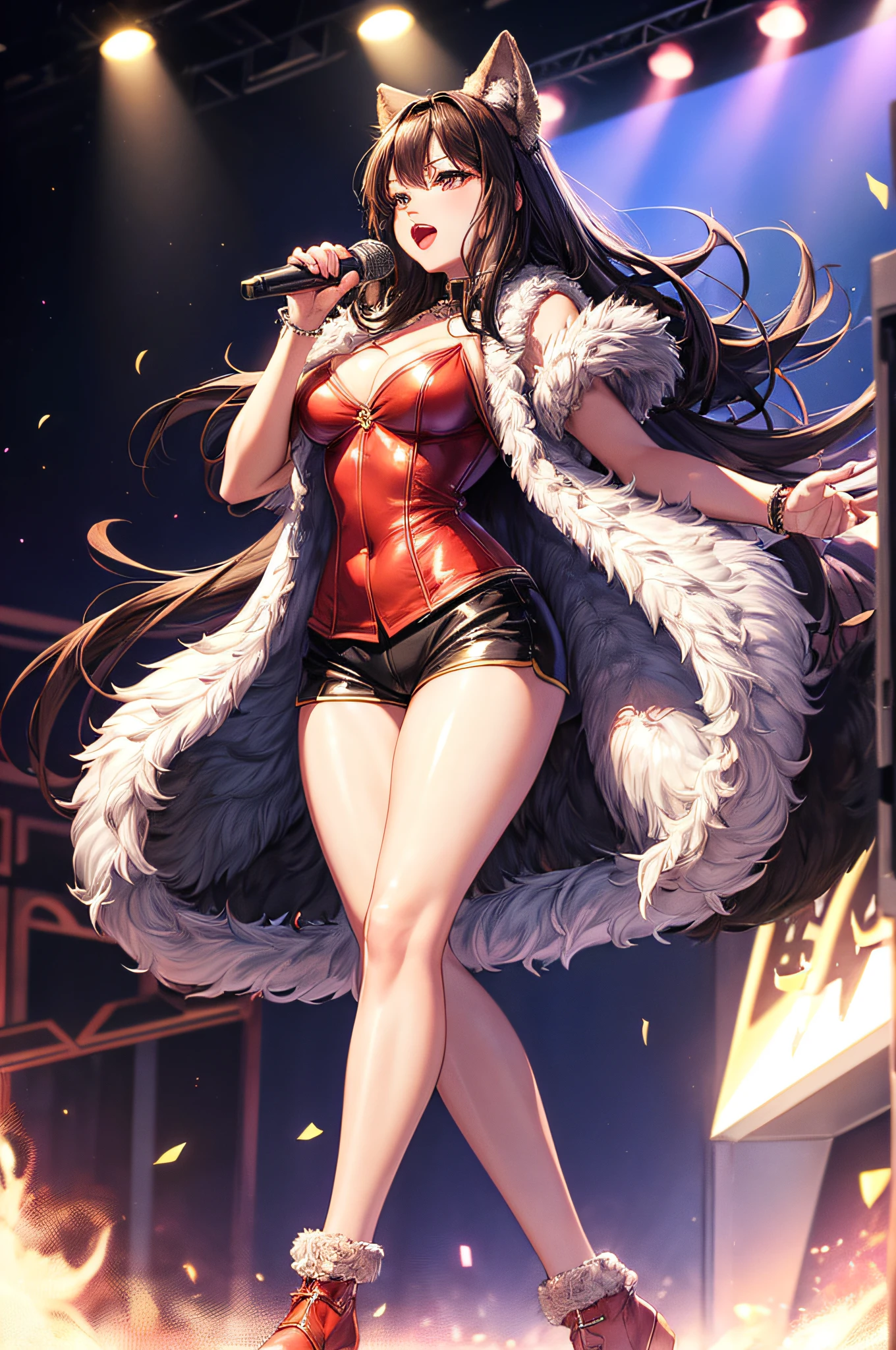 illustratio、 Highest Quality、 Young woman wearing a furry vest and singing into a microphone, furr covering her chest, Exposed thighs, knees tucked in, legs showing, Fur covering her chest, performing on stage, thighs thighs thighs thighs, wearing hot pants, accentuated hips,