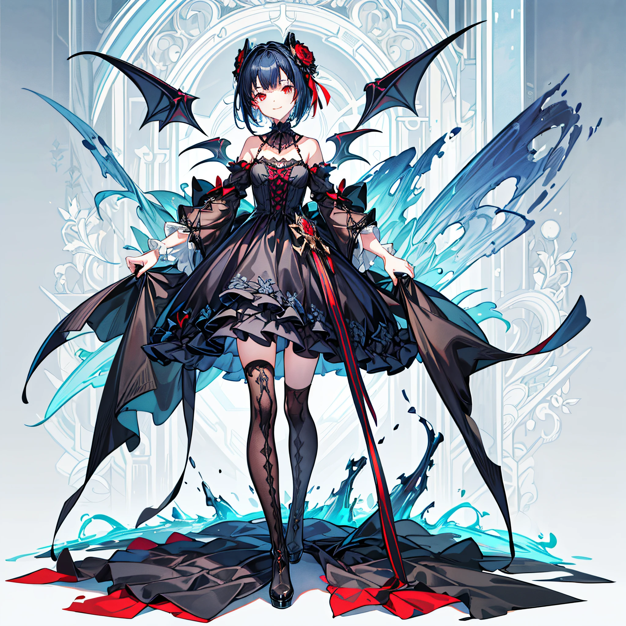 [(white background:1.4)::5],original,(illustration:1.1),(best quality),(masterpiece:1.1),(extremely detailed CG unity 8k wallpaper:1.1), (colorful:0.9),(mid shot:0.95),(full body:1.5),Dynamic angle,(solo:1.2), (girl),(((adult))), (detailed beautiful eyes:1.15), (beautiful face:1.15), (glowing red eyes:1.25////),(dark blue short bob hair),(hime cut),(+perfect hand+:1.21),(Draw an illustration of a gothic girl),(Religious),(slender),(is wearing boots on her feet),((is wearing black dress)),(furious), Lace Off-shoulder lolita fashion,beautiful slender adult,((evil smile)),