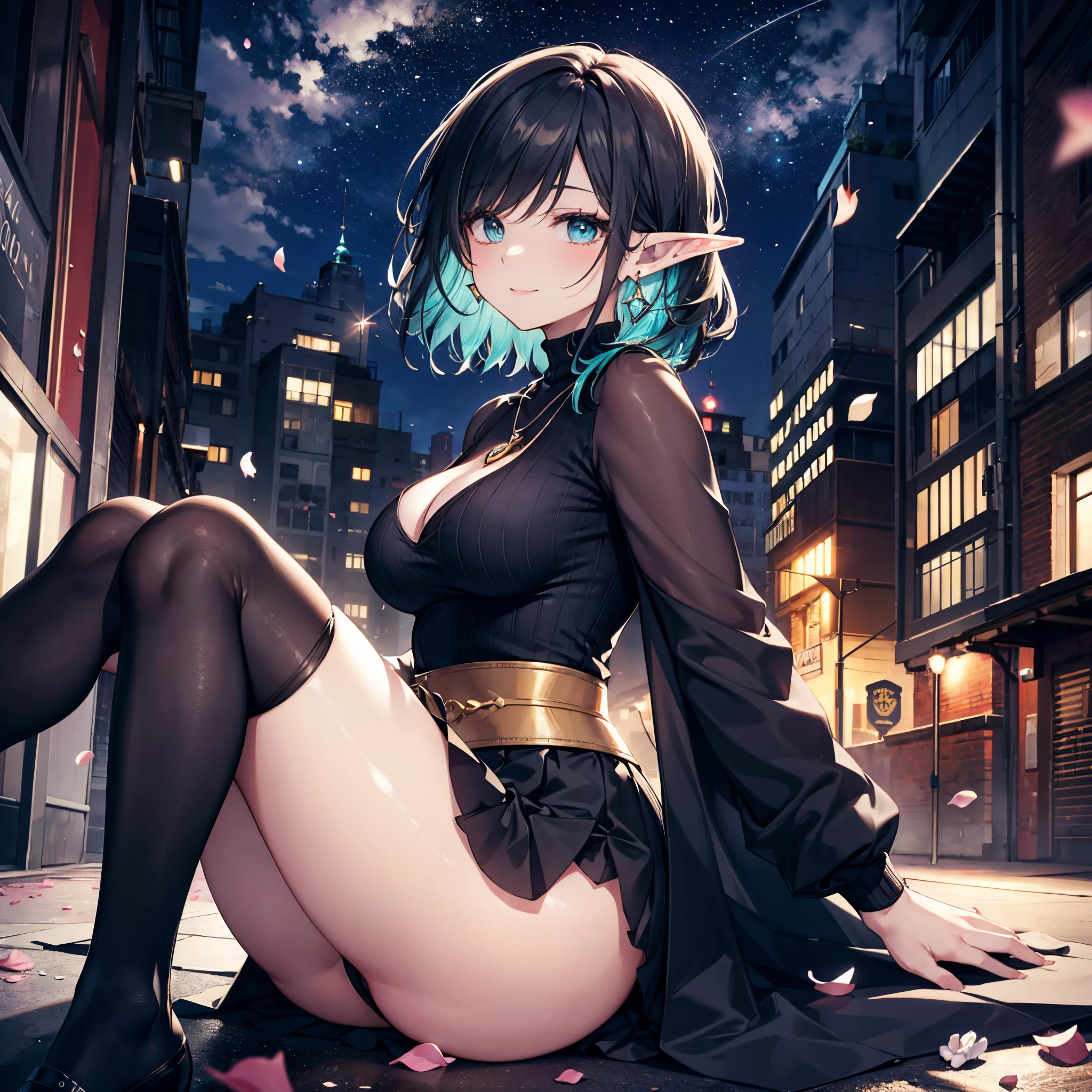 Realistic and detailed image of an elf. Long sleeve batwing sweater with round neck. mini skirt. High-waisted thigh-high fishnet stockings. Earrings, necklaces and bracelets. Black hair with colored highlights, long and silky. Turquoise eyes. Long eyelashes. Large breasts, thin waist, wide hips and thick thighs. smiling. Arched back. Sitting in a city. Surrounded by buildings. flower petals. starry night. Volumetric light. Ambient light.