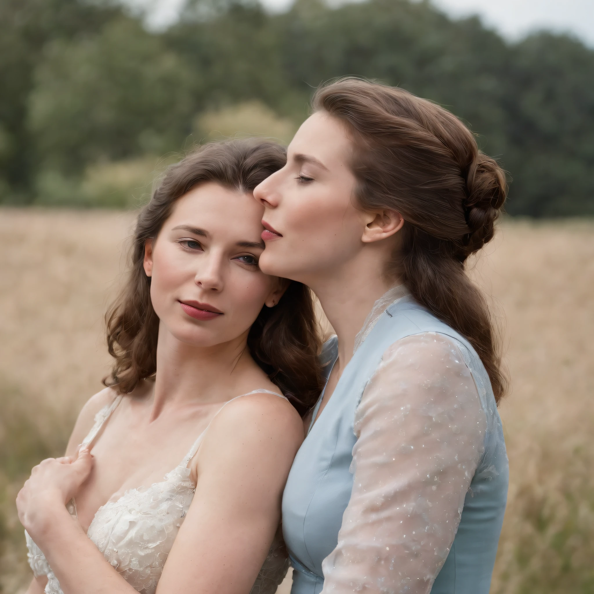 sexy princess anne of the UK age 20, lesbian, embracing her lesbian 20 year old lover who is a lover and a commoner and passionately kissing on the mouth and hands on each other's breasts, full body