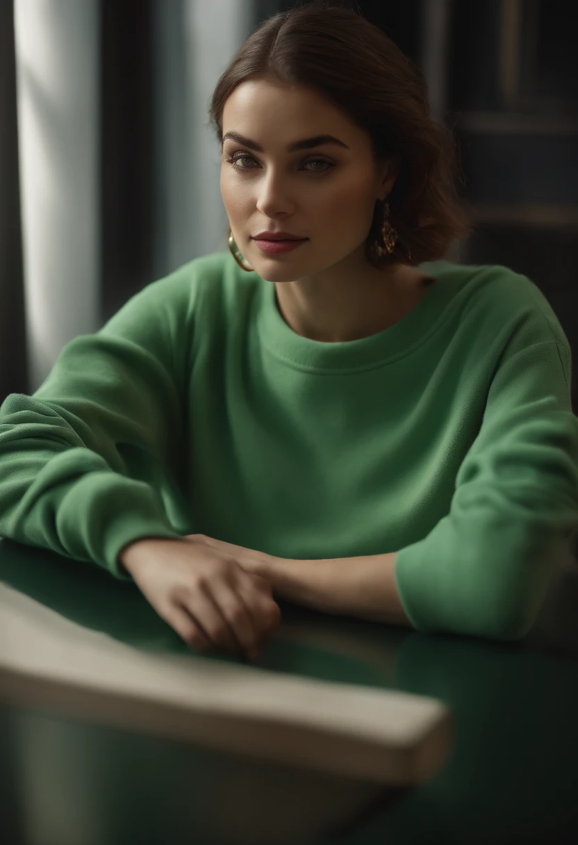 (Masterpiece: 1.3), (8K, Realistic, RAW photo, Best Quality: 1.4), Best Quality, High Resolution, Masterpiece, best detail, 8K, 3d model of green sweatshirt, made in a soft style, Face detailing, Brunette, dreamy quality, feminine exuberance, Matte Photo, without inscriptions and logos