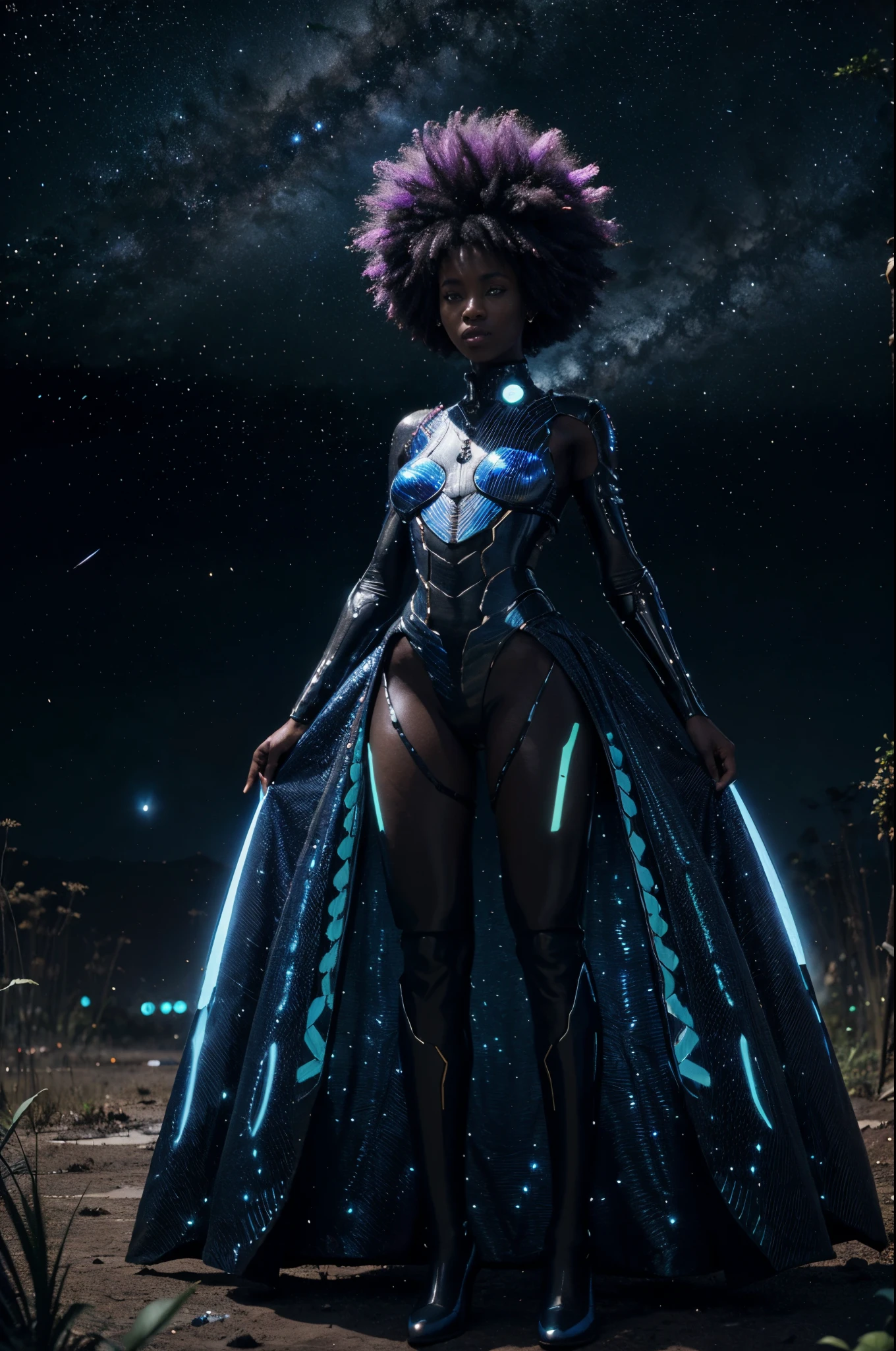 Full body shog of afro-anime art POV shot of African woman on an alien planet full of glowing blue fireflies and hybrid alien plants, dressed in African designed alien futuristic synthetic clothes, sci-fi art, cosmic art, afro anime style, black anime, 32k, ultra HD, unreal engine rendered, hyper-realistic image, cinematic lighting