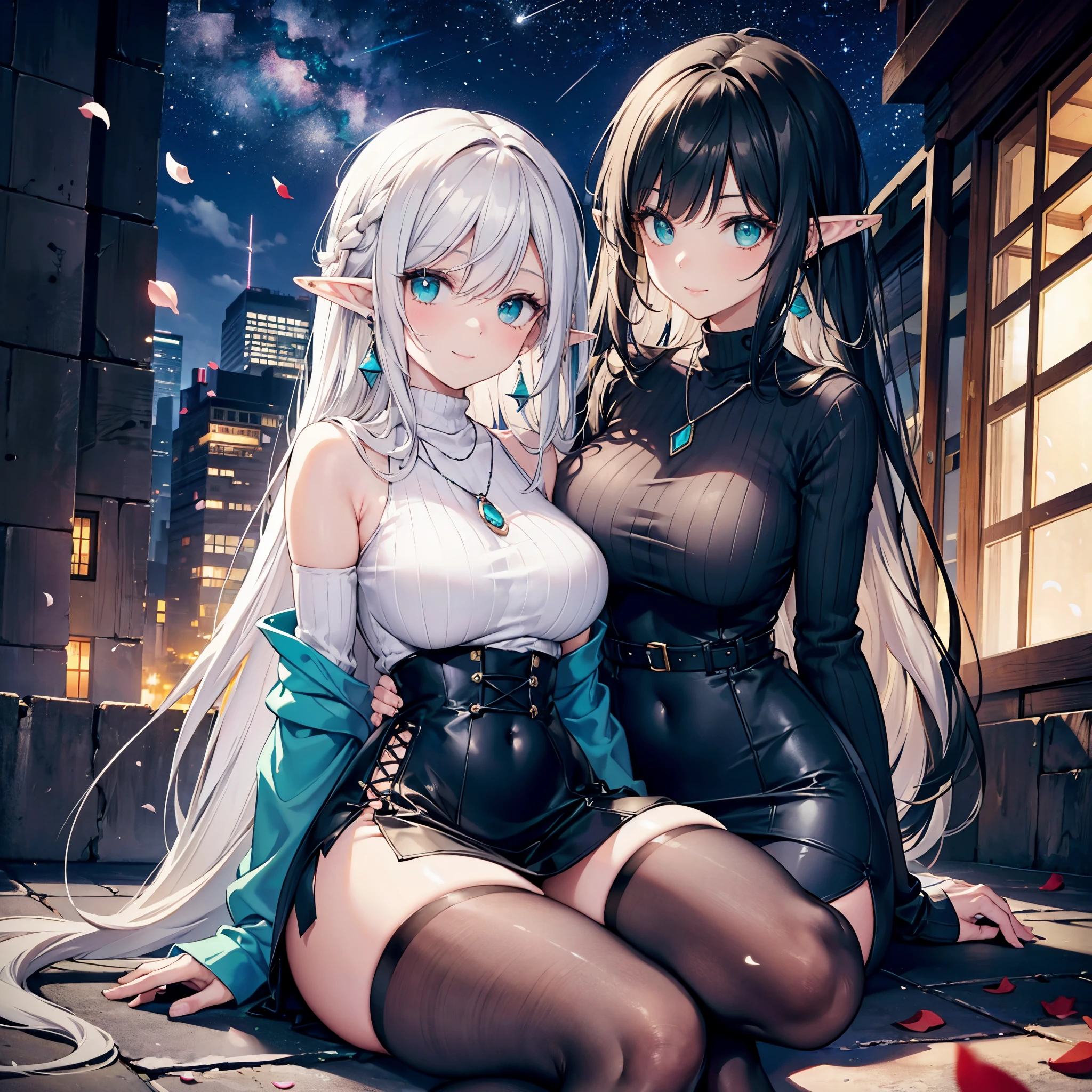 Realistic and detailed image of an elf. Long sleeve batwing sweater with round neck. mini skirt. High-waisted thigh-high fishnet stockings. Earrings, necklaces and bracelets. Long silky black hair with colorful highlights. Turquoise eyes. Long eyelashes. Large breasts, thin waist, wide hips and thick thighs. smiling. Arched back. Sitting in a city. Surrounded by buildings. flower petals. starry night. Volumetric light. Ambient light.