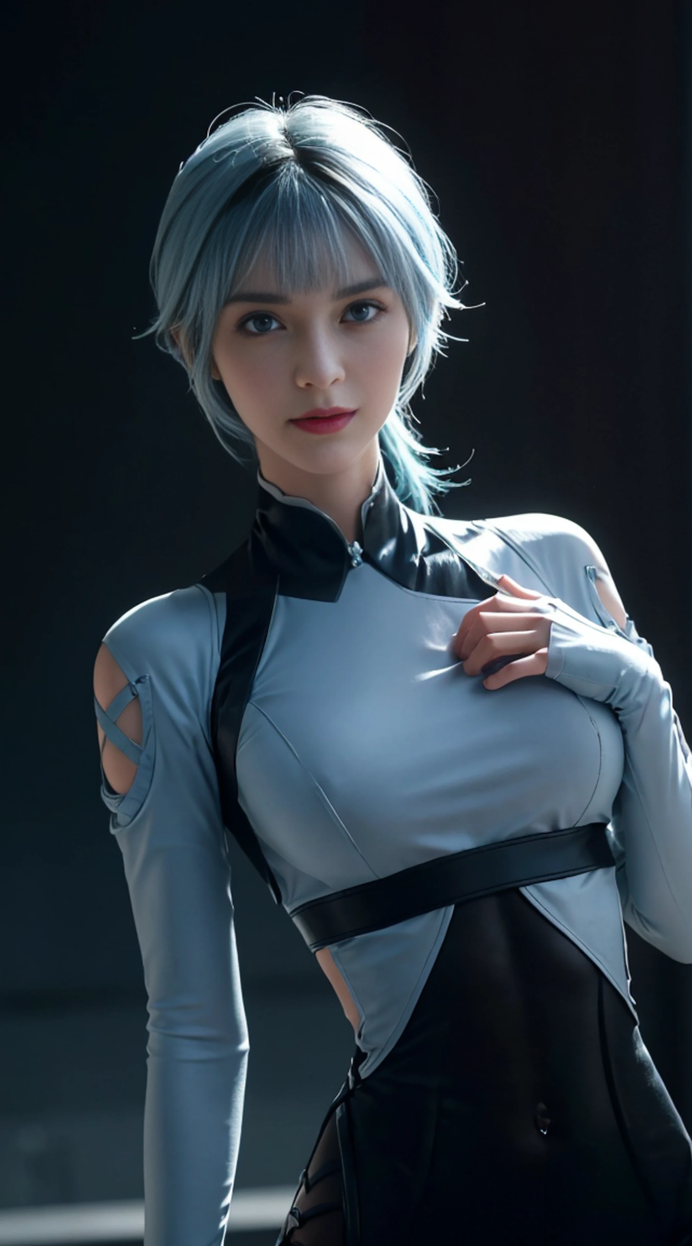 8K, Top Quality, Intricate Details, Ultra Detail, Ultra High Resolution, Masterpiece, , (full body: 1.1), Slender, Smile, (Makeup: 0.4), (Fluffy Blue Eyes: 1.21), blue Eyes, ((full body)), 1girl, solo, 1 girl, (( full body)), close up shot, , ((tall)), (((fit body))), (((slim face))), sharp face, sharp eyes, (( light blue hair, bangs, )), (detailed face), sharp face, small lips, standing,
((battlesuits)), detailed face, detailed breast, , large breast, detail ass, , Beautiful girl with accentuated slender abs: 1.4, Six Pack Abs: 1.4, Bust Botox, Big, Perfect Body, detail leg, (( dark background)), black background,