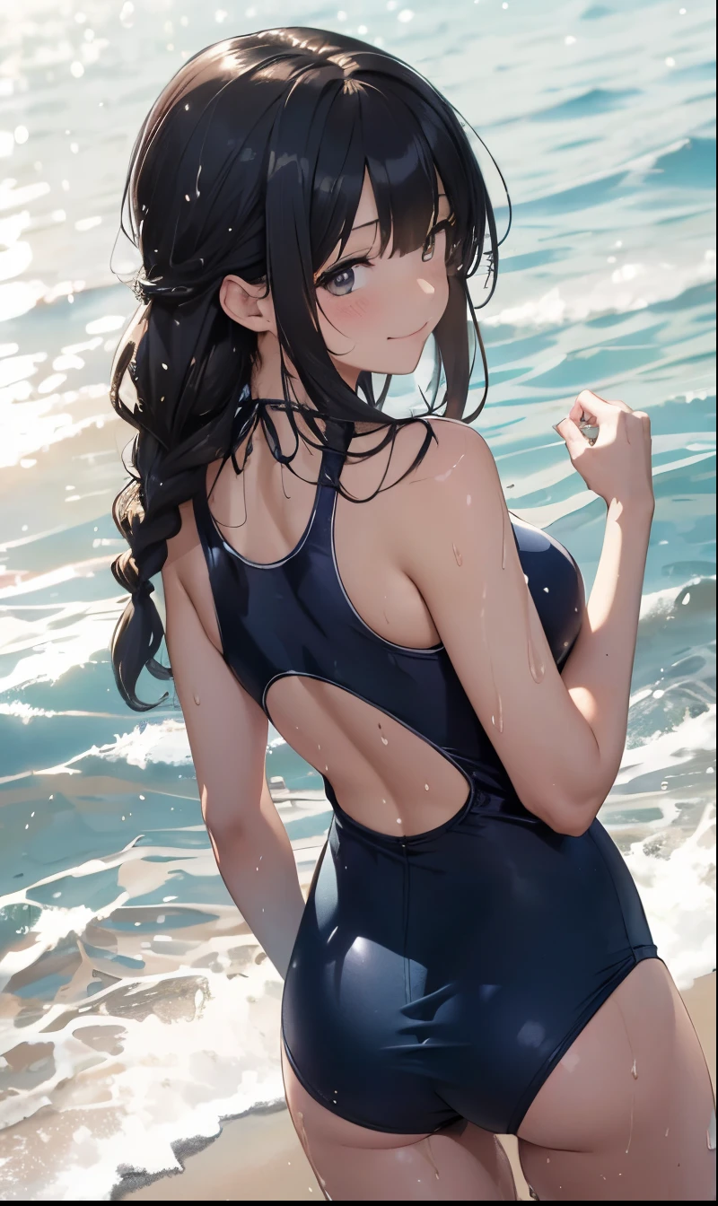 (masutepiece), (Best Quality), hyper detailed illustration,beautiful artwork,(Extreme Detail CG Unity 8K wallpaper、masterpiece、top-quality)、(exquisite lighting and shadow、highly dramatic picture、cinematic lens effects)、Teenage girl wearing school swimsuit, 1girl in, (School Swimsuit:1.3), Solo, onepiece swimsuit, Outdoors, Long hair, Wet, Sun, Looking at Viewer, playing in the water, breasts, Covered navel, skyporn, Water, Black hair, Brown eyes, School swim wear, day, Small breasts, Bangs, Sunlight, Blue one-piece swimsuit,(Wet:1.2),(from behind),(Water splash), (straggling hair),arched body, Dramatic Horizon,Look back,(Sweat:1.2),hair messy,(Navy blue school swimsuit:1.2),(a smile),
