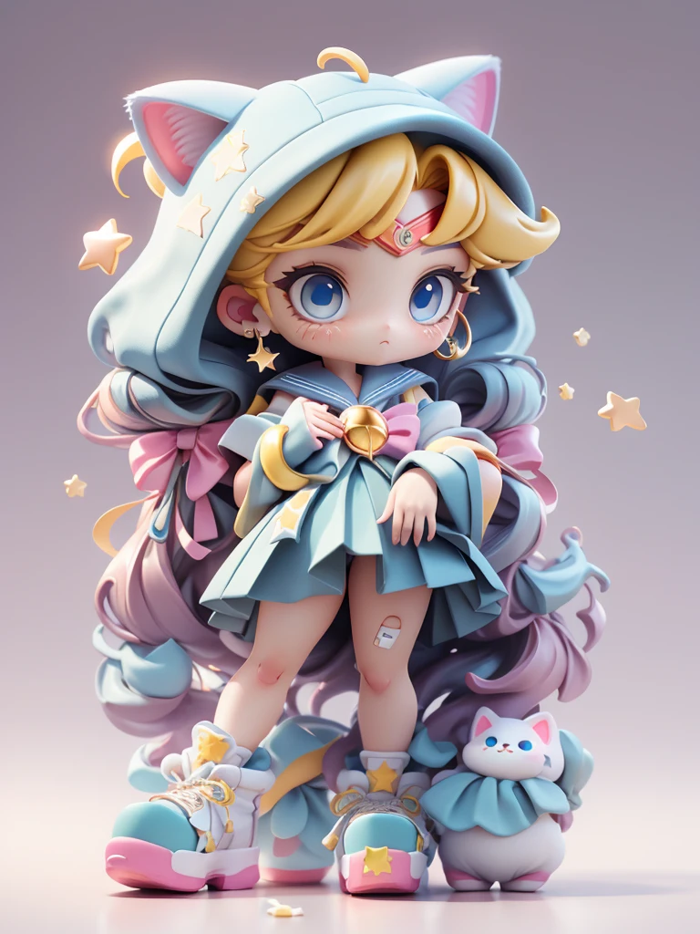 Sailor moon costumei、a sailor suit、Yellow hair、yellow long twin tail hairstyle、, is standing,The legs are２One、Facing the front、Looking at the camera、 Expressionless girl, whitish eyes, Blue Eye, fullllbody, Chibi, Full Body Art,1girl in, human - shaped , 3 d, ( highly detailed figure ), [ Trending on CGSociety ]!!, Beautiful Girl, style as nendoroid, figurine, blender, band-aid on face, moon and star ring earrings, shapes、There is a cat