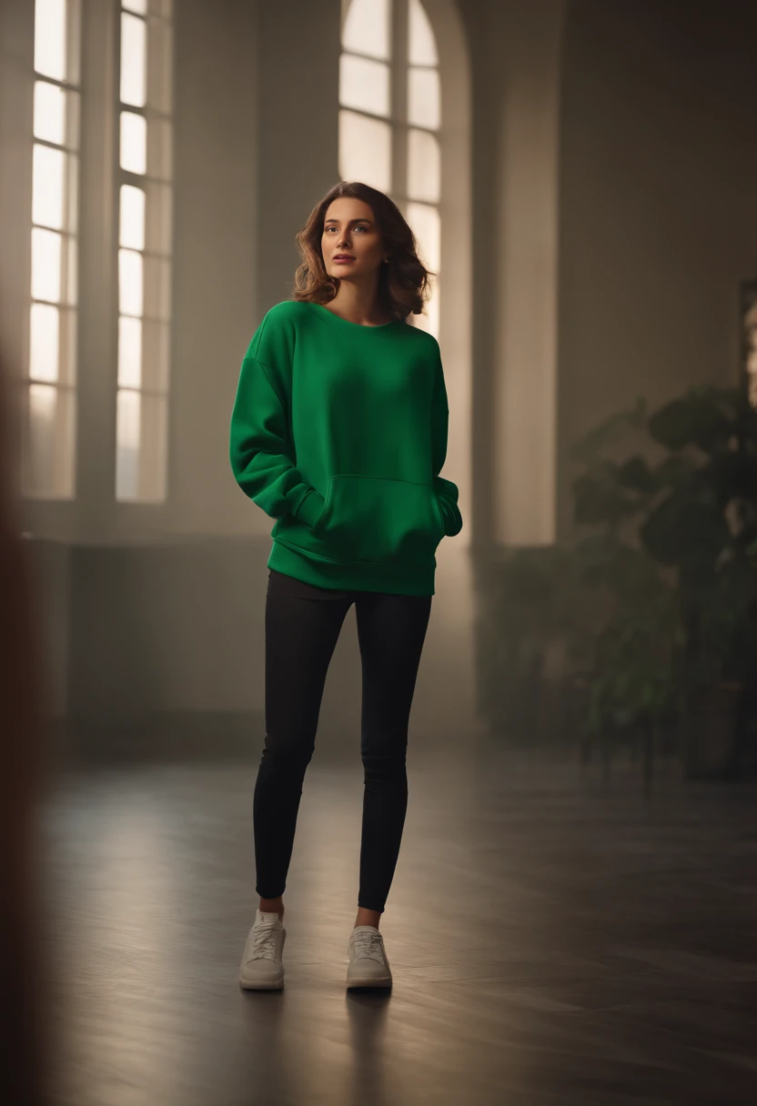 (Masterpiece: 1.3), (8K, Realistic, RAW photo, Best Quality: 1.4), Best Quality, High Resolution, Masterpiece, best detail, 8K, 3d model of green sweatshirt, made in a soft style, Face detailing, brown-haired woman, in full height, dreamy quality, feminine exuberance, Matte Photo, without inscriptions and logos