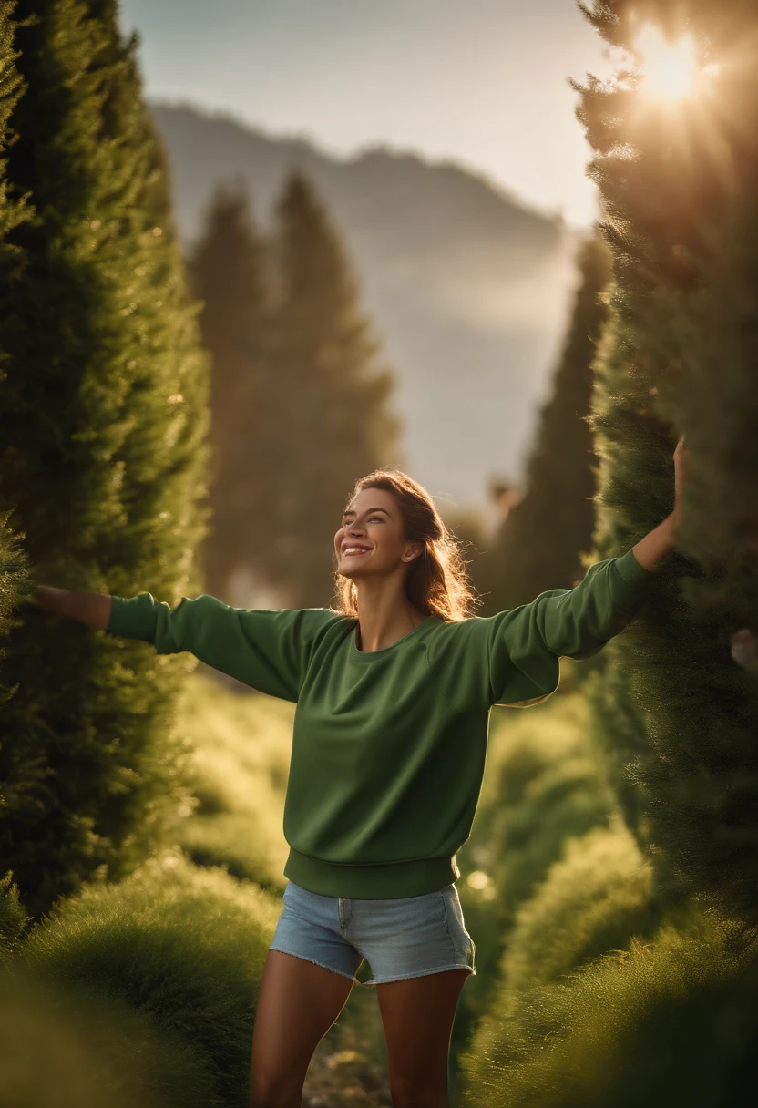 (Masterpiece: 1.3), (8K, Realistic, RAW photo, Best Quality: 1.4), Best Quality, High Resolution, Masterpiece, best detail, 8K, 3d model of green sweatshirt, made in a soft style, Face detailing, brown-haired woman, in full height, dreamy quality, feminine exuberance, Matte Photo, without inscriptions and logos
