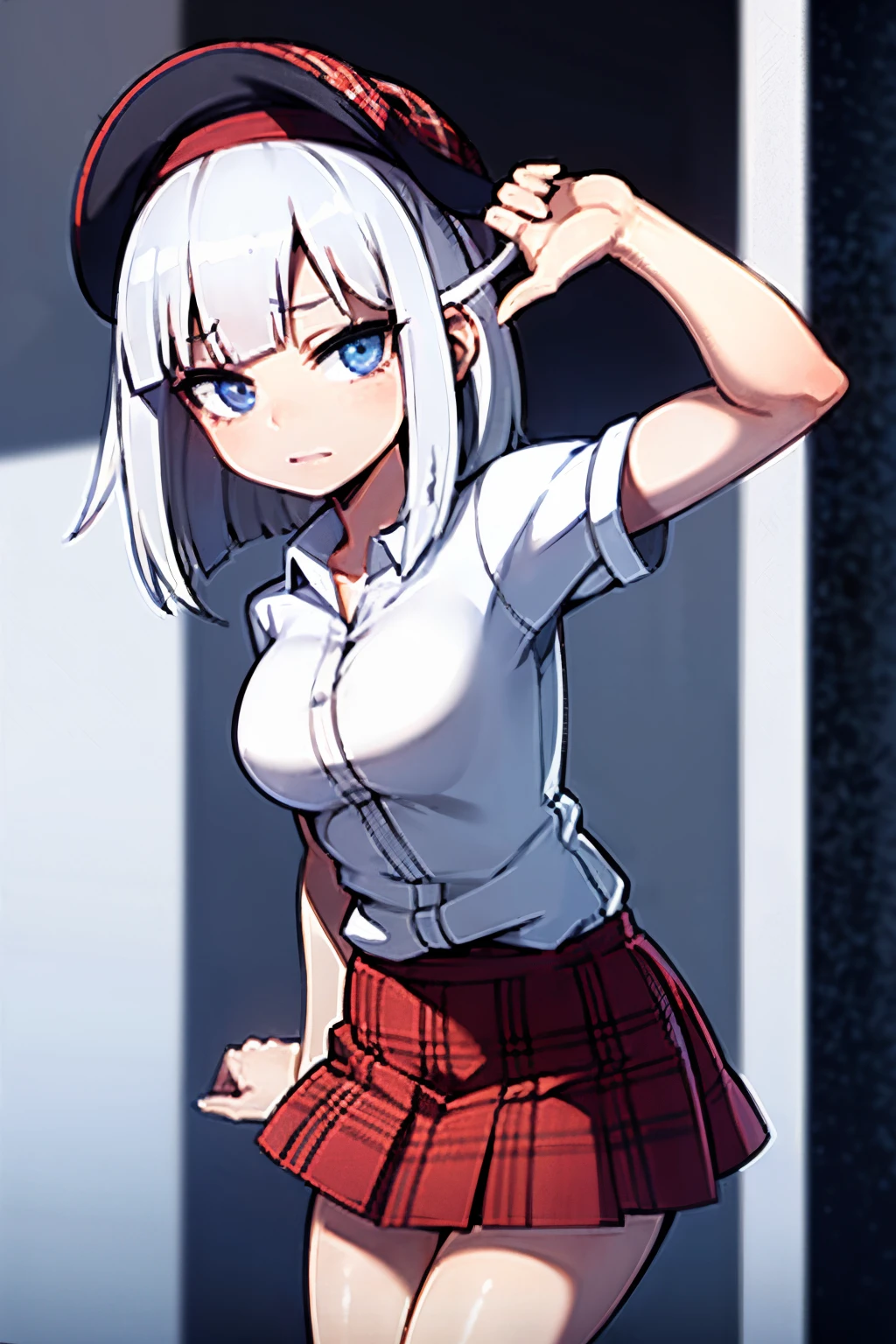 Young girl, white hair, blue eyes, shy face, white japanese student outifts, wearing black beret, red plaid skirt, looking at viewer, in a cathedral, dark stmosphere, grey filter, blue vitral in background, white cathedral, 4k, masterpiece, HD