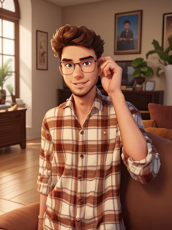 Ethan Williams, a young man of 19 years old, with medium-length brown hair, brown eyes, angular jaw, short stubble beard, lean body, cute and handsome, mature look, serious subtle smirk on face, wearing a sweater, close up shot sitting on the couch. 3d cartoon smile