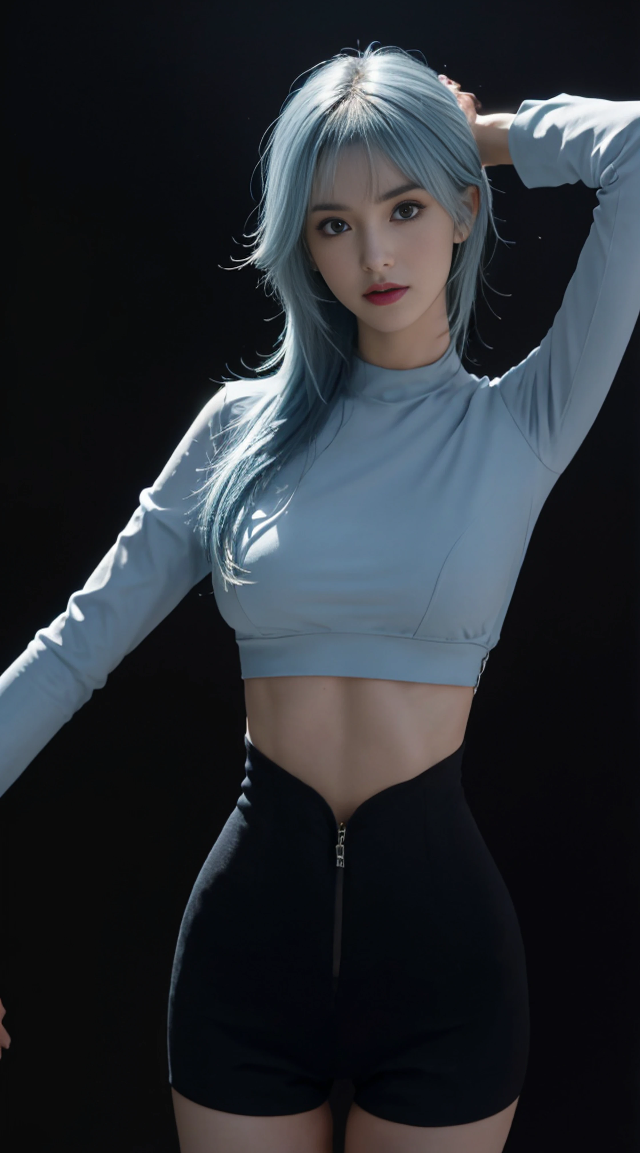 8K, Top Quality, Intricate Details, Ultra Detail, Ultra High Resolution, Masterpiece, close up shot, (full body: 1.1), Slender, Smile, (Makeup: 0.4), (Fluffy Blue Eyes: 1.21), (()), 1girl, solo, 1 girl, ((blue hair, bangs)), close up shot, , ((tall)), (((fit body))), (((slim face))), sharp face, (()) (detailed face), sharp face, small lips, , , hand on hip,
((, , )), , ((volleyball uniform,)), detailed face, detailed breast, , ((large breast, huge breast)), detail ass, Narrow Waist, Skinny, tall , 190 cm tall, Muscular, Navel, Exposed Abdomen, Pointed Chest,, Beautiful girl with accentuated slender abs: 1.4, Six Pack Abs: 1.4, Bust Botox, Big, Perfect Body, detail leg, (( dark background)), black background,