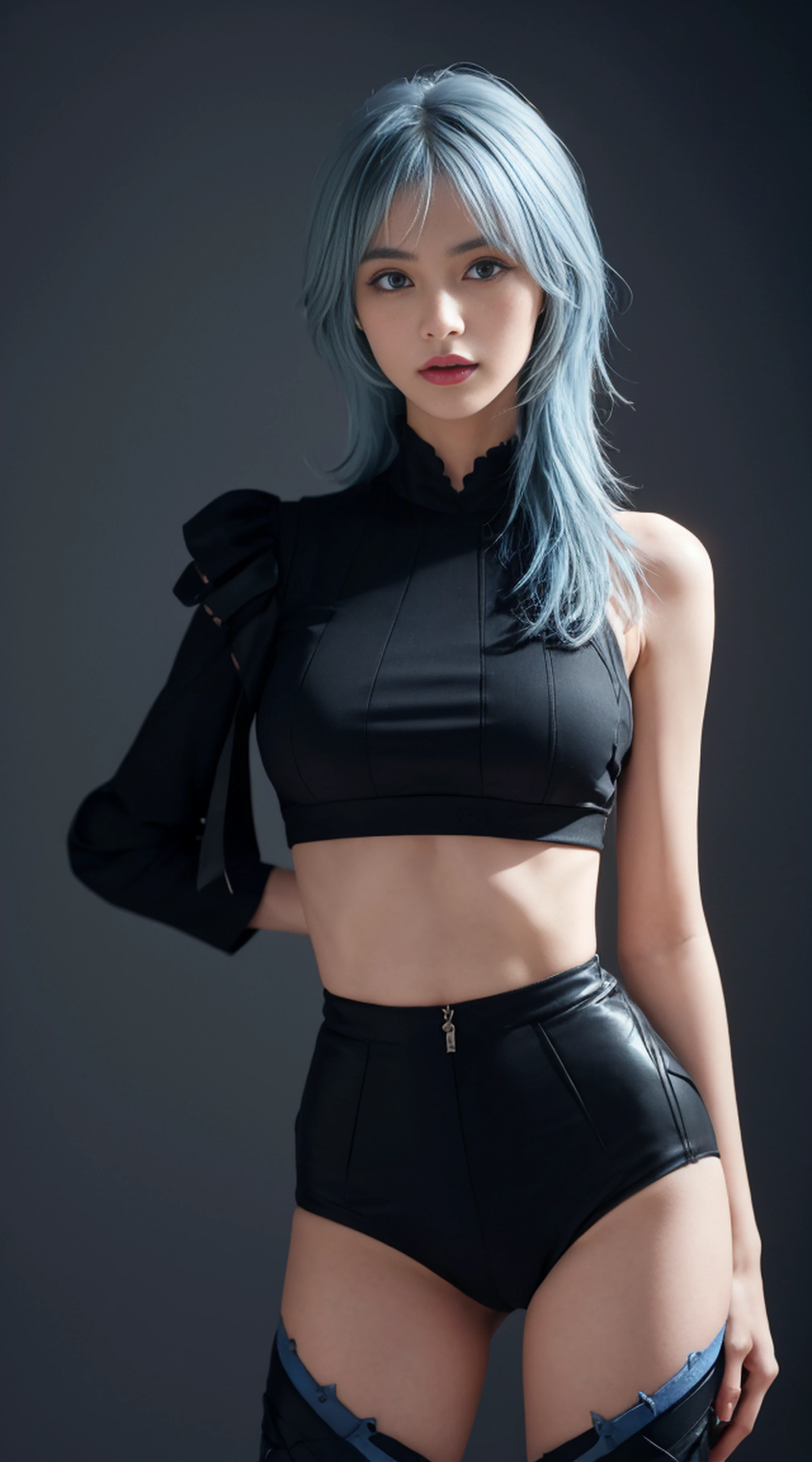 8K, Top Quality, Intricate Details, Ultra Detail, Ultra High Resolution, Masterpiece, close up shot, (full body: 1.1), Slender, Smile, (Makeup: 0.4), (Fluffy Blue Eyes: 1.21), (()), 1girl, solo, 1 girl, ((blue hair, bangs)), close up shot, , ((tall)), (((fit body))), (((slim face))), sharp face, (()) ,(detailed face), sharp face, small lips, , , ,
((, crop top, mini short )), , ((,casual outfits)), detailed face, , Narrow Waist, Skinny, tall , 175 cm tall, Muscular, Navel, Exposed Abdomen, Pointed Chest,, Beautiful girl with accentuated slender abs: 1.4, Six Pack Abs: 1.4, Bust Botox, Big, Perfect Body, detail leg, (( dark background)), black background,