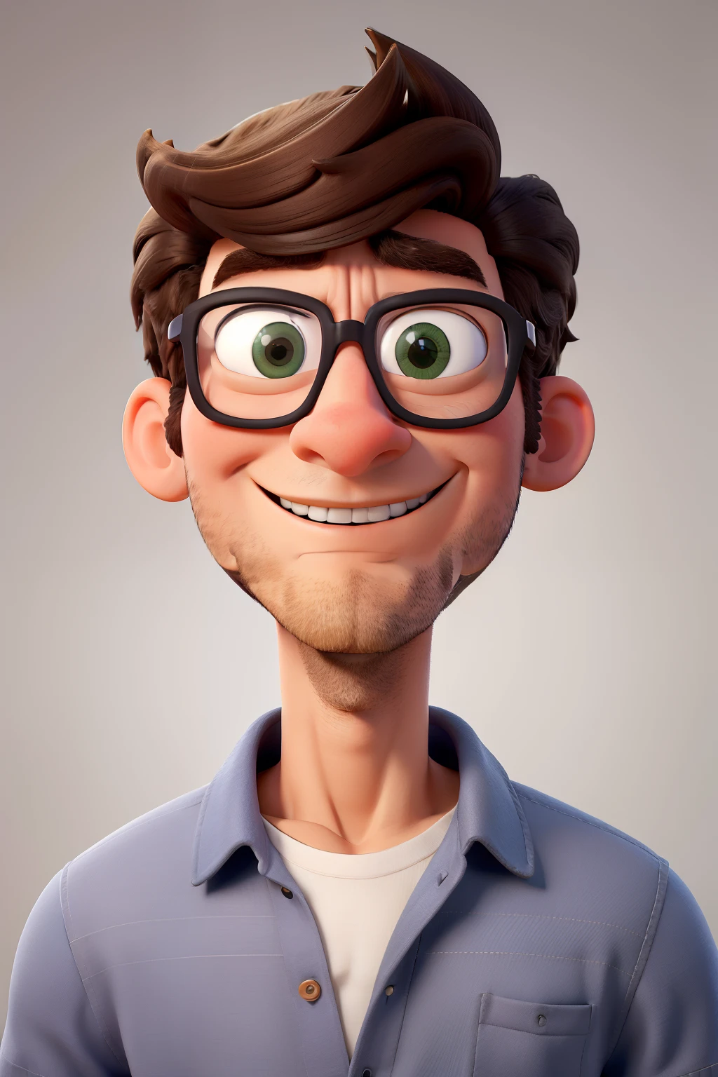 Homem branco e magro, com cabelo escuro ondulado para a esquera, com um topete branco, rosto fino e olhar cansado dando risada, olhos escuro usando oculos, com uma camisa verde com gola sem elastico, com uma mochila preta nas costas, em frente a um hospital