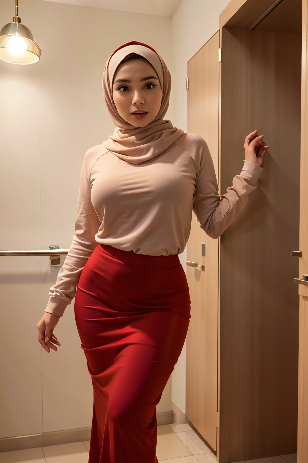 there is a woman in a hijab standing in a bathroom, wearing tight simple clothes, tight outfit, with a red skirt, smooth red skin, tight attire, lovely woman, very sexy outfit, wearing tight shirt, malaysian, mid shot portrait, her wardrobe is attractive, tanned ameera al taweel, wearing a red outfit, full length shot, red