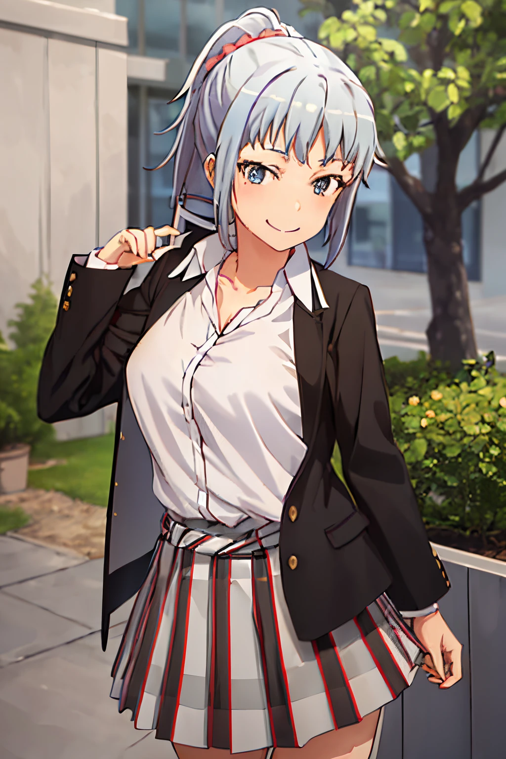 1 girl, alone, saki Kawasaki masterpiece, best quality, 1 girl, cowboy photo, outdoors, smile, ponytail, school uniform, black jacket, open jacket, white shirt, plaid skirt, high stockings knee, medium breasts, medium hips, wide thighs