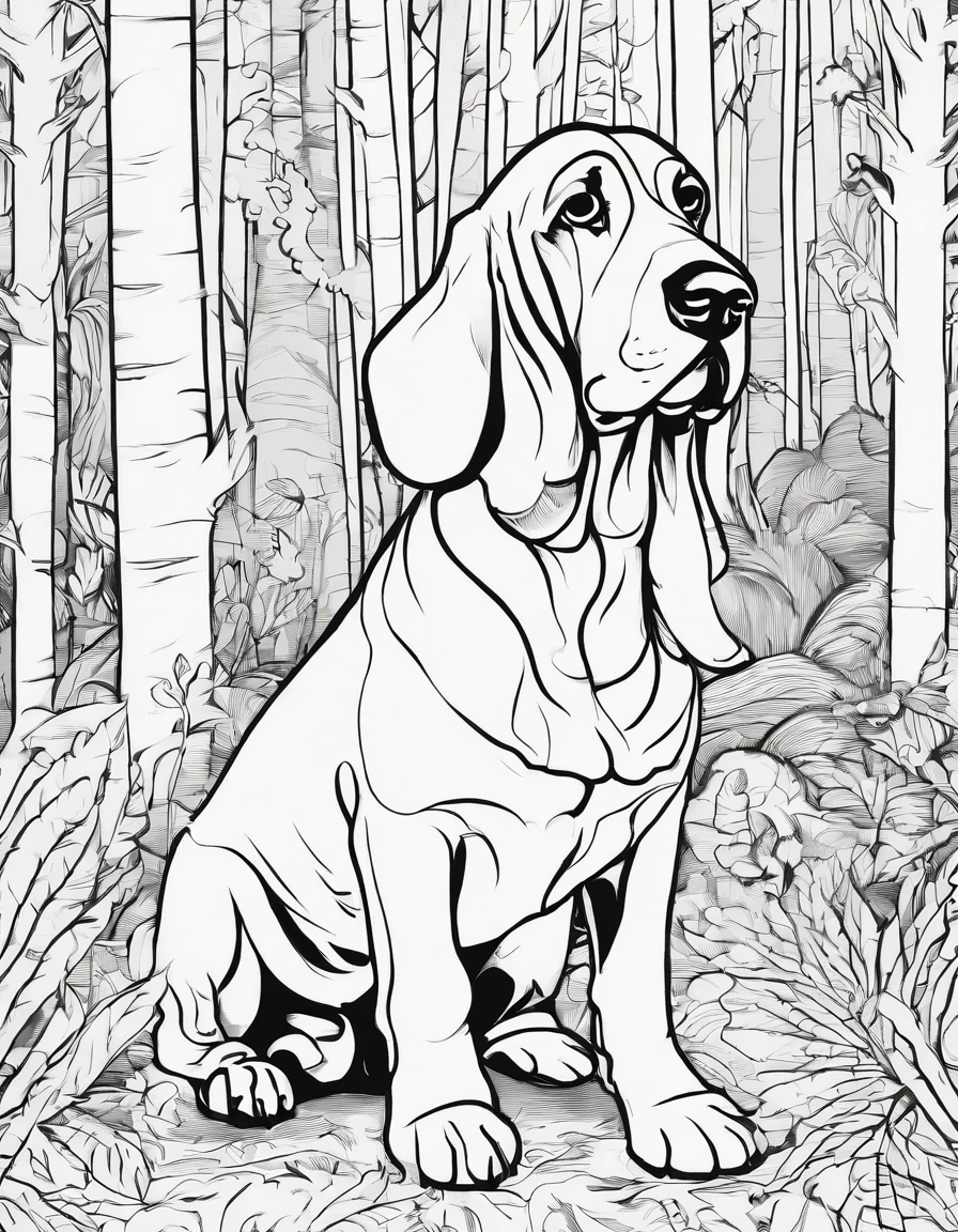 Basset Hound in a forest, for coloring page, line art, high quality, black and white, no shading