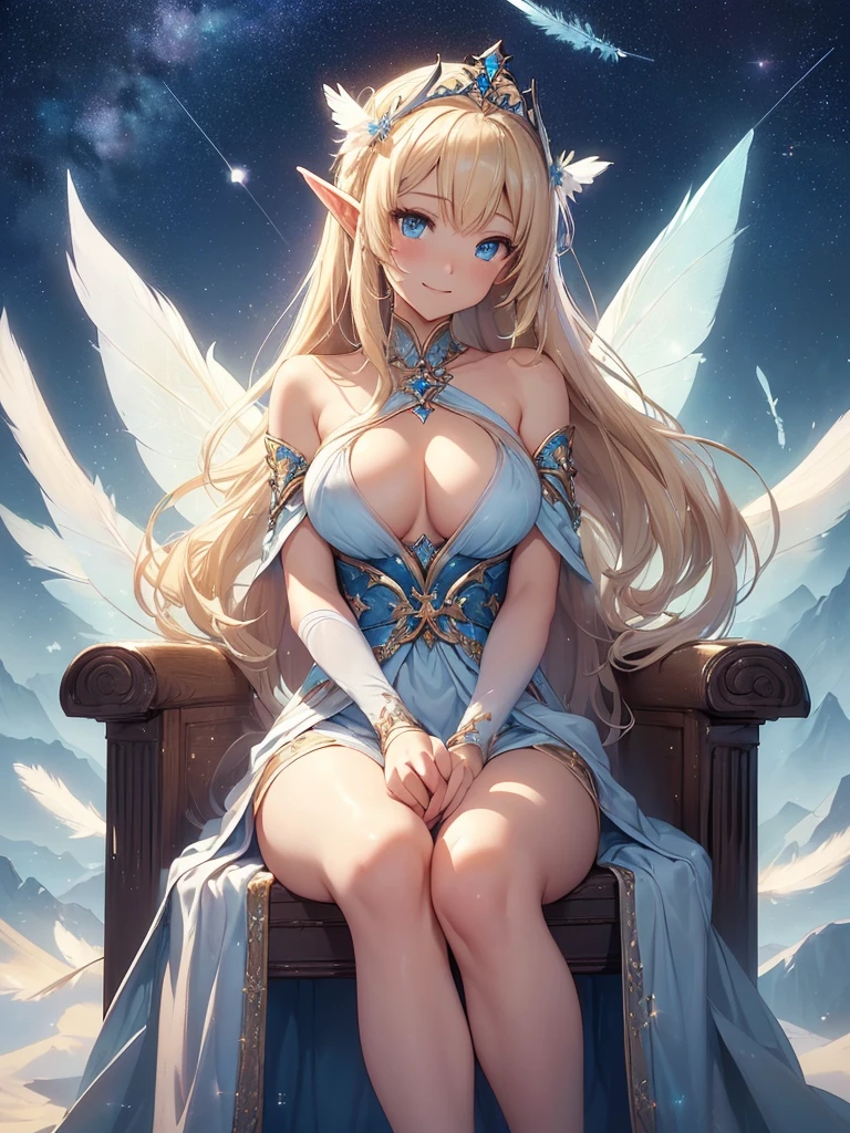 top-quality、Top image quality、masterpiece、Full body naked girl((20yr old、Best Bust、big bast、Bust 90,Beautiful blue eyes、,Blonde long hair、A slender、Fairy feathers、a closeup、Sit with your knees bent、sideways Facing、、Floating in the light、beautiful tiara、hiquality、Beautiful Art、Background with((starrysky)))masutepiece、visualart、depth of fields、sky at night、、 、low angles、A sexy、Elven ears、Feathers glow in iridescent colors、light magic、kosmos、mid night、Happy smile、Gentle light、Emitting a magical light、I'm not wearing underwear、colorful beautiful dress、Beautiful skins、beutiful breast、beautiful foot、welcome、accurate fingers、Exact finger count、Bend both legs、、Dynamic angles、heavenly palace of light、a throne、