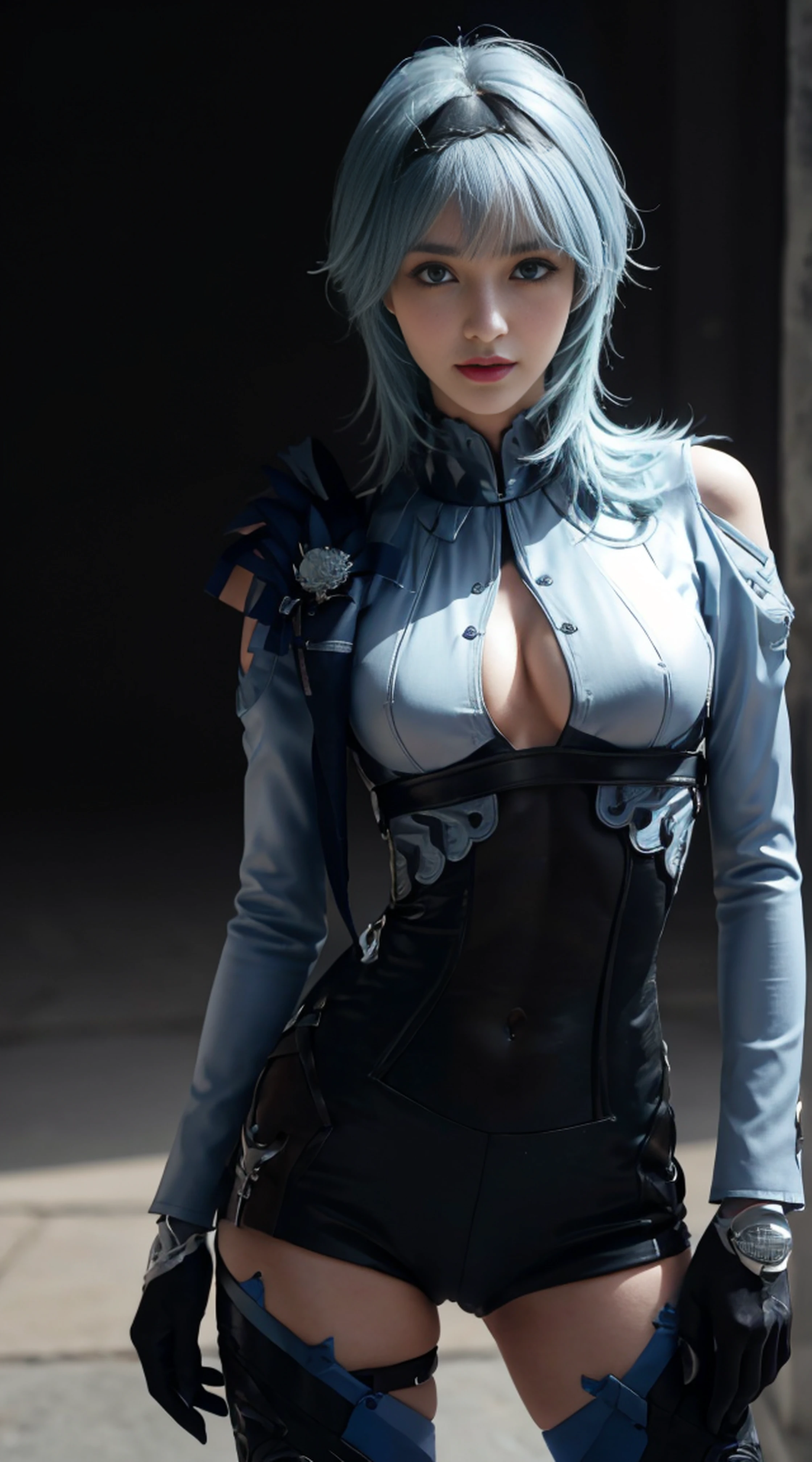 8K, Top Quality, Intricate Details, Ultra Detail, Ultra High Resolution, Masterpiece,close up shot , (full body: 1.1), Slender, Smile, (Makeup: 0.4), (Fluffy Blue Eyes: 1.21), blue Eyes, ((full body)), 1girl, solo, 1 girl, (( full body)), close up shot, , ((tall)), (((fit body))), (((slim face))), sharp face, sharp eyes, (( light blue hair, bangs, long hair )),  (detailed face), sharp face, small lips, standing, arm up,
 ((battlesuits)),  detailed face, detailed breast, , large breast, detail ass, , Beautiful girl with accentuated slender abs: 1.4, Six Pack Abs: 1.4, Bust Botox, Big, Perfect Body, detail leg, (( dark background)), black background,