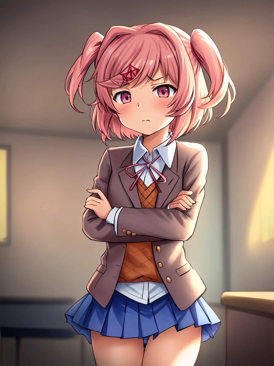 anime, 2d, (Masterpiece, best quality)+, colorful, (highly detailed)+, (very delicate, beautiful)+, character design, female focus, solo, 1girl, natsuki (Doki Doki Literature Club), hair ornament, pink hair, pink eyes, short hair, two side up, swept bangs, x hair ornament, hair ribbon, small breasts, soft thighs, school uniform, blazer, brown sweater, collared shirt, neck ribbon, blue skirt, school setting, in classroom, mad, serious, crossed arms, closed mouth,
