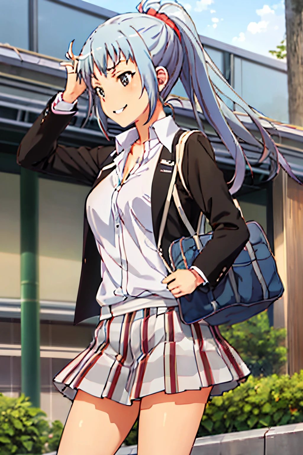 1 girl, alone, saki Kawasaki masterpiece, best quality, 1 girl, cowboy photo, outdoors, smile, ponytail, school uniform, black jacket, open jacket, white shirt, plaid skirt, high stockings knee, medium breasts, medium hips, wide thighs
