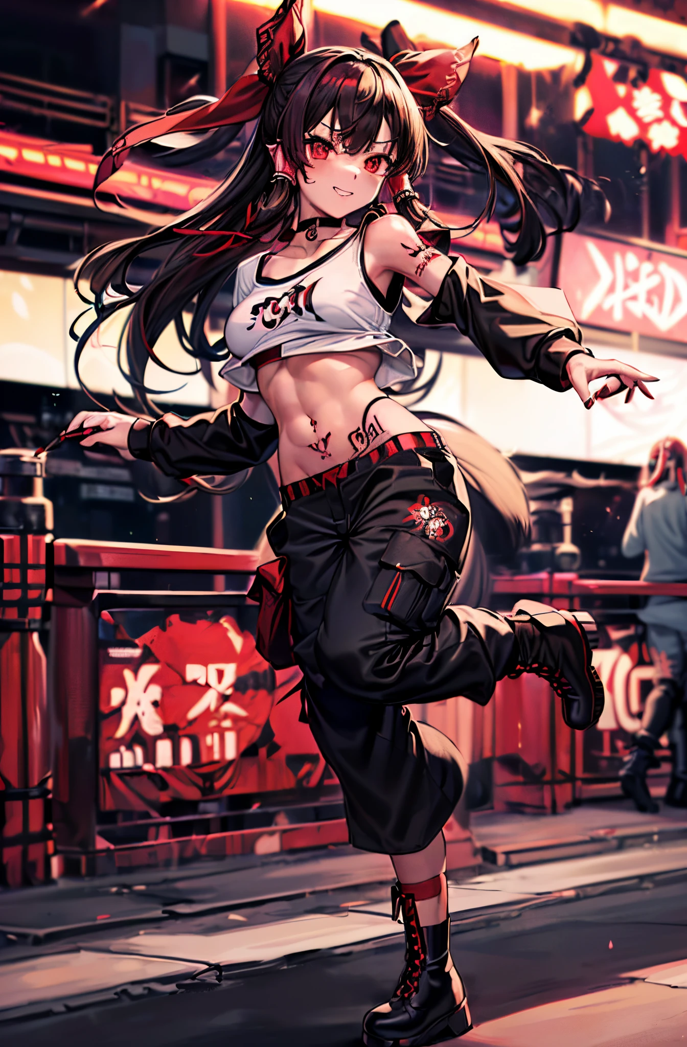 Reimu Hakurei at a rave, looking at the viewer with an seductive smile while dancing, confident, nightclub, neon lights, Brown hair, brown eyes, ((bangs, red ribbon:1.3)), e-girl outfit, (((Cargo pants, black pants, loose long sleeve Tee, black combat boots, tatoo, Eyeliner, Choker:1.3))), teenager,